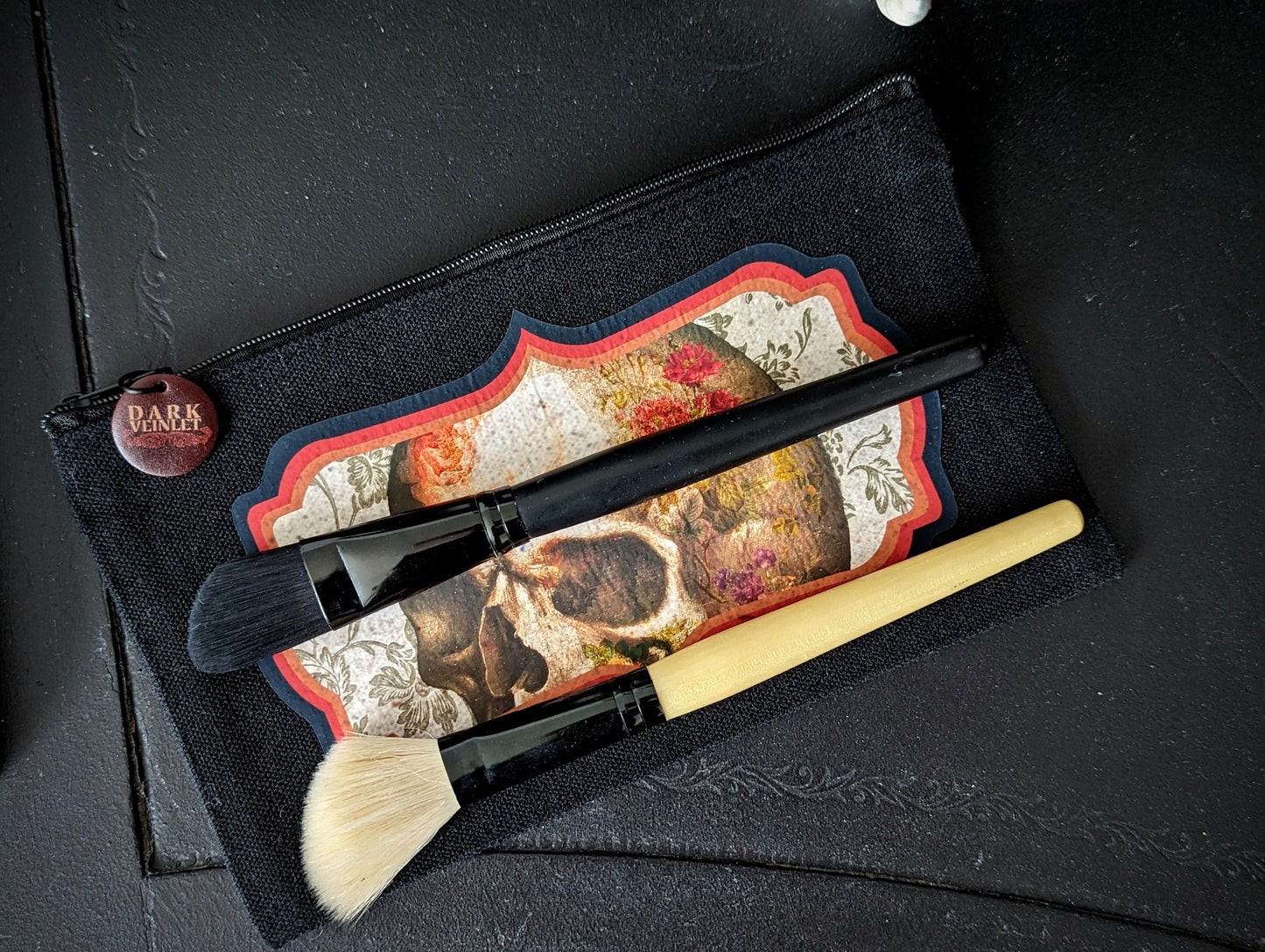Canvas Zipper Pouch Bag Makeup Tarot Cards Goth Gothic Dark Academia Human Skull Flowers Collage Surreal Handmade Artist