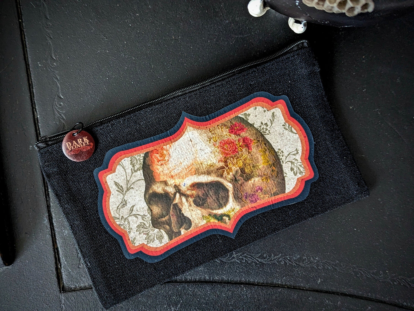 Canvas Zipper Pouch Bag Makeup Tarot Cards Goth Gothic Dark Academia Human Skull Flowers Collage Surreal Handmade Artist
