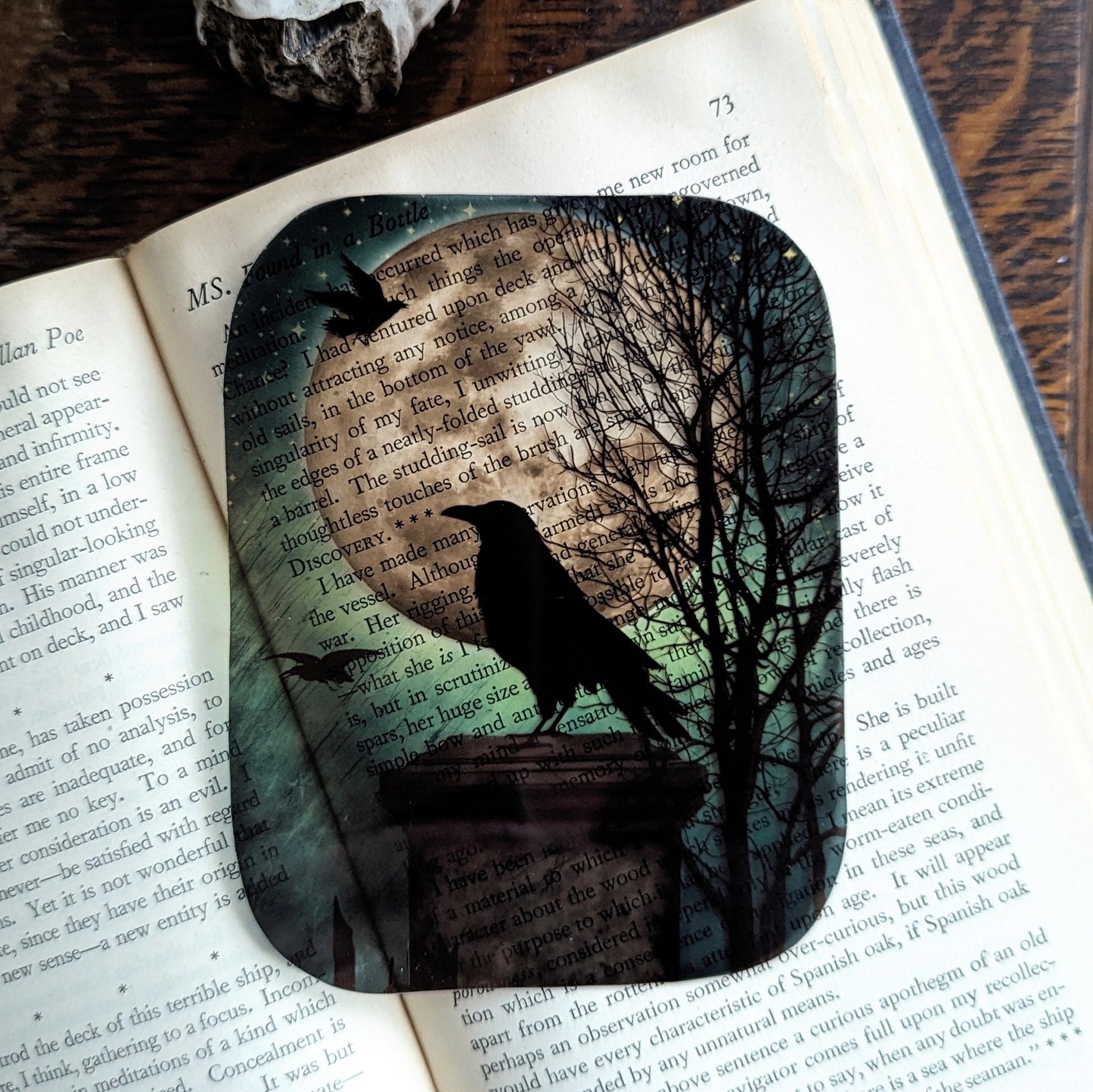 Clear Bookmark Crow Raven Tombstone Full Moon Gothic Goth Horror Halloween Dark Academia Handmade Artist Book Reader Lover Gift