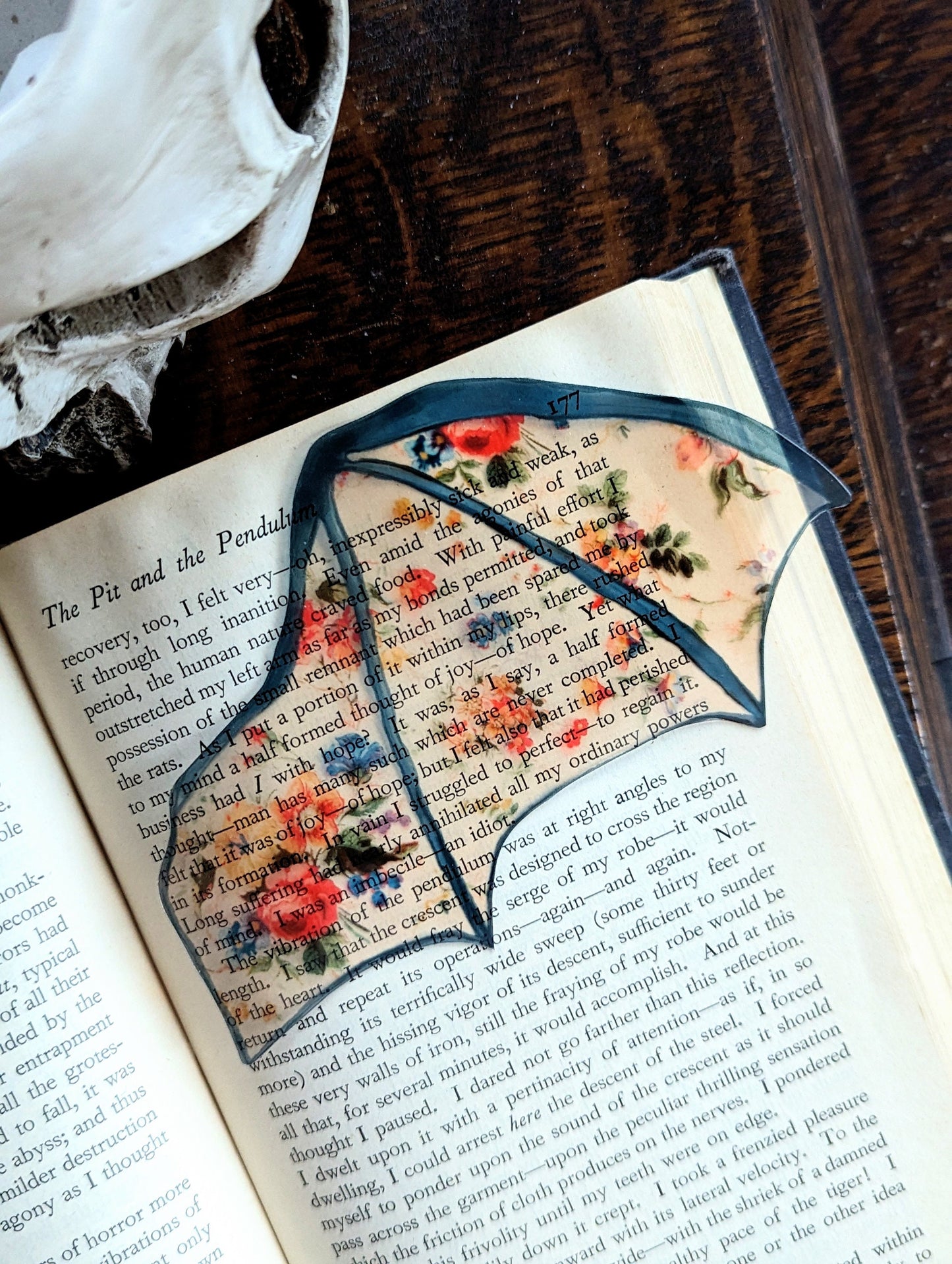 Clear Bookmark Floral Flower Patterned Bat Dragon Wing Goth Gothic Dark Academia Book Lover Reader Gift Handmade Artist