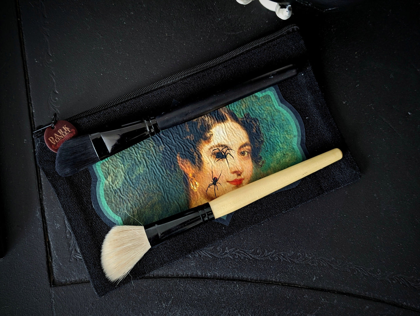 Canvas Zipper Pouch Bag Makeup Tarot Cards Goth Gothic Dark Academia Woman Lady Spiders On Face Creepy Collage Surreal Handmade Artist
