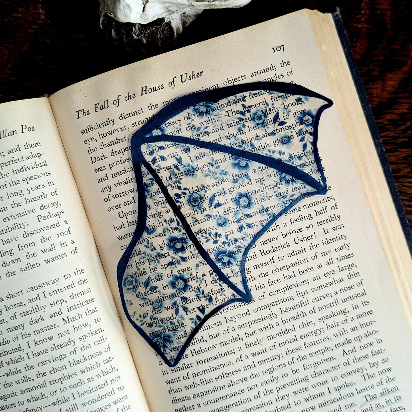 Clear Bookmark Blue Floral Flower Patterned Bat Dragon Wing Goth Gothic Dark Academia Book Lover Reader Gift Handmade Artist