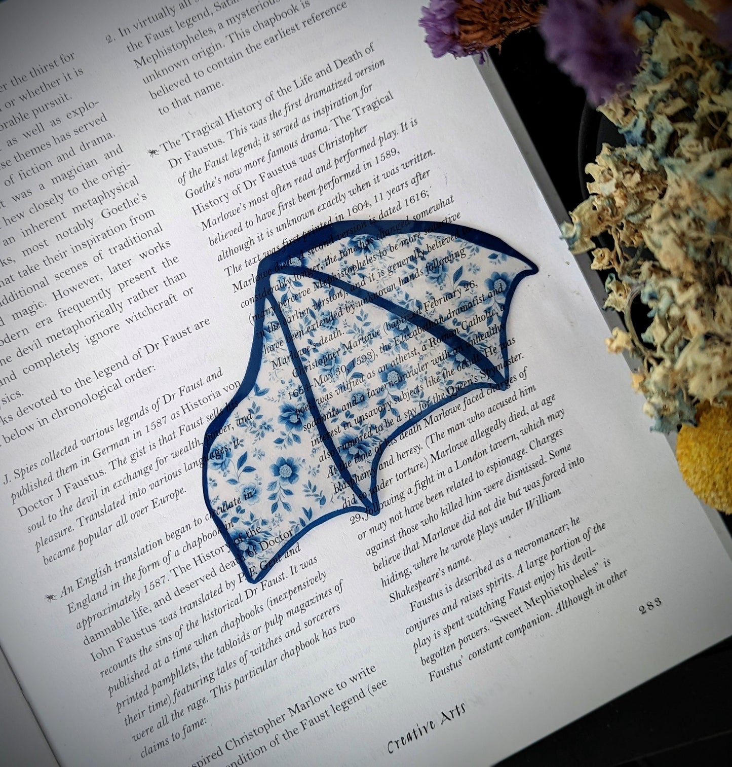 Clear Bookmark Blue Floral Flower Patterned Bat Dragon Wing Goth Gothic Dark Academia Book Lover Reader Gift Handmade Artist