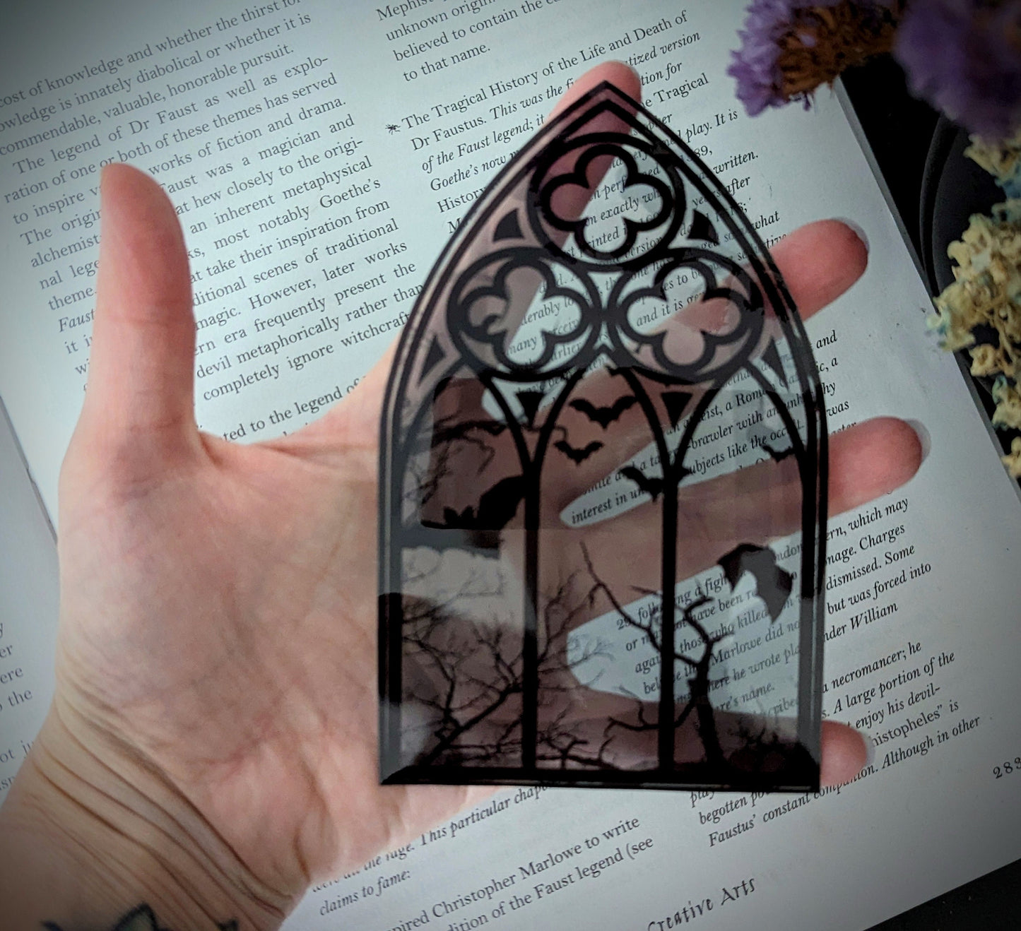 Clear Bookmark Gray Cathedral Church Window Night Scene Bats Flying Forest Eerie Goth Gothic Horror Dark Academia Book Reader Lover Gift