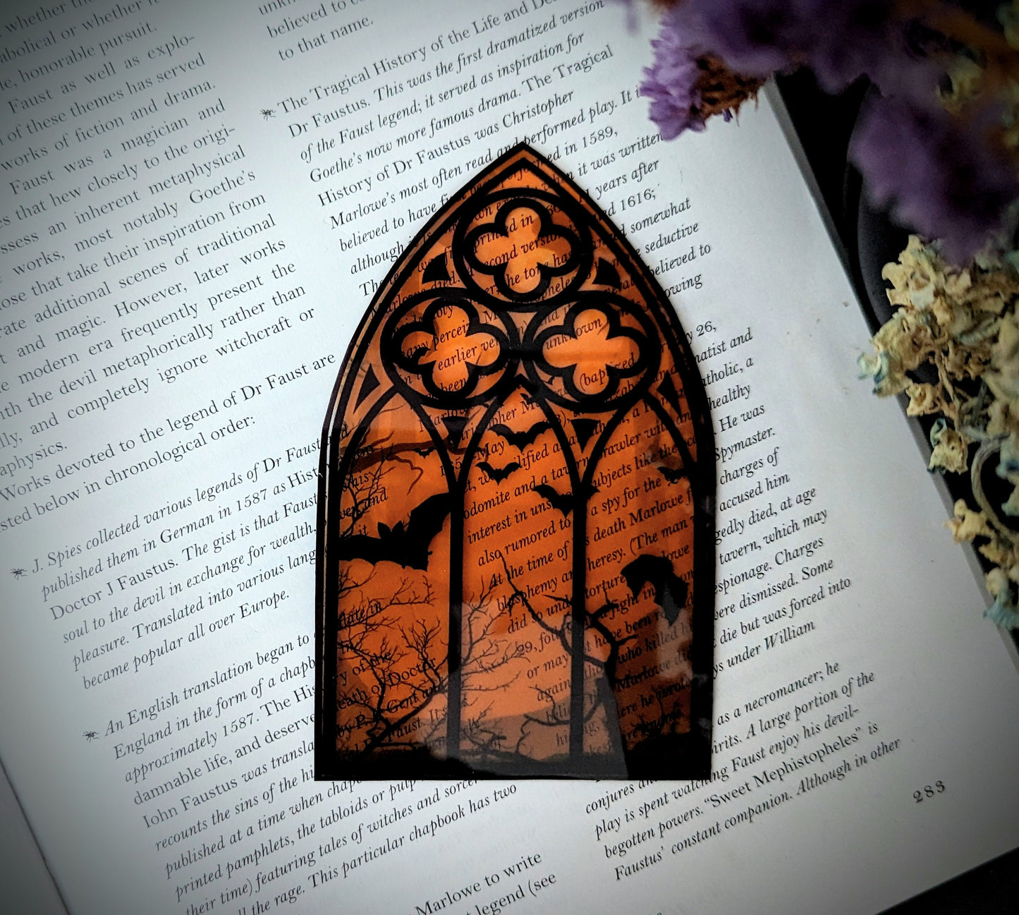 Clear Bookmark Orange Cathedral Church Window Night Scene Bats Flying Forest Eerie Goth Gothic Horror Dark Academia Book Reader Lover Gift