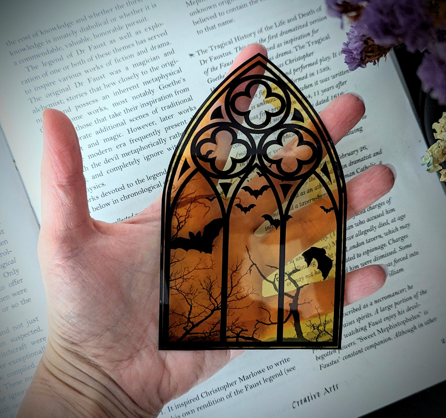 Clear Bookmark Yellow Cathedral Church Window Night Scene Bats Flying Forest Eerie Goth Gothic Horror Dark Academia Book Reader Lover Gift