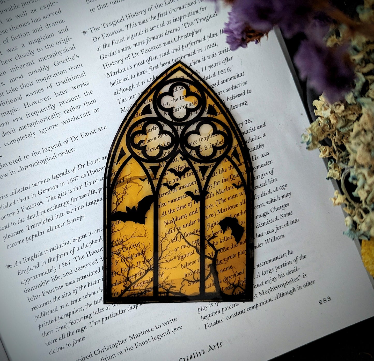 Clear Bookmark Yellow Cathedral Church Window Night Scene Bats Flying Forest Eerie Goth Gothic Horror Dark Academia Book Reader Lover Gift