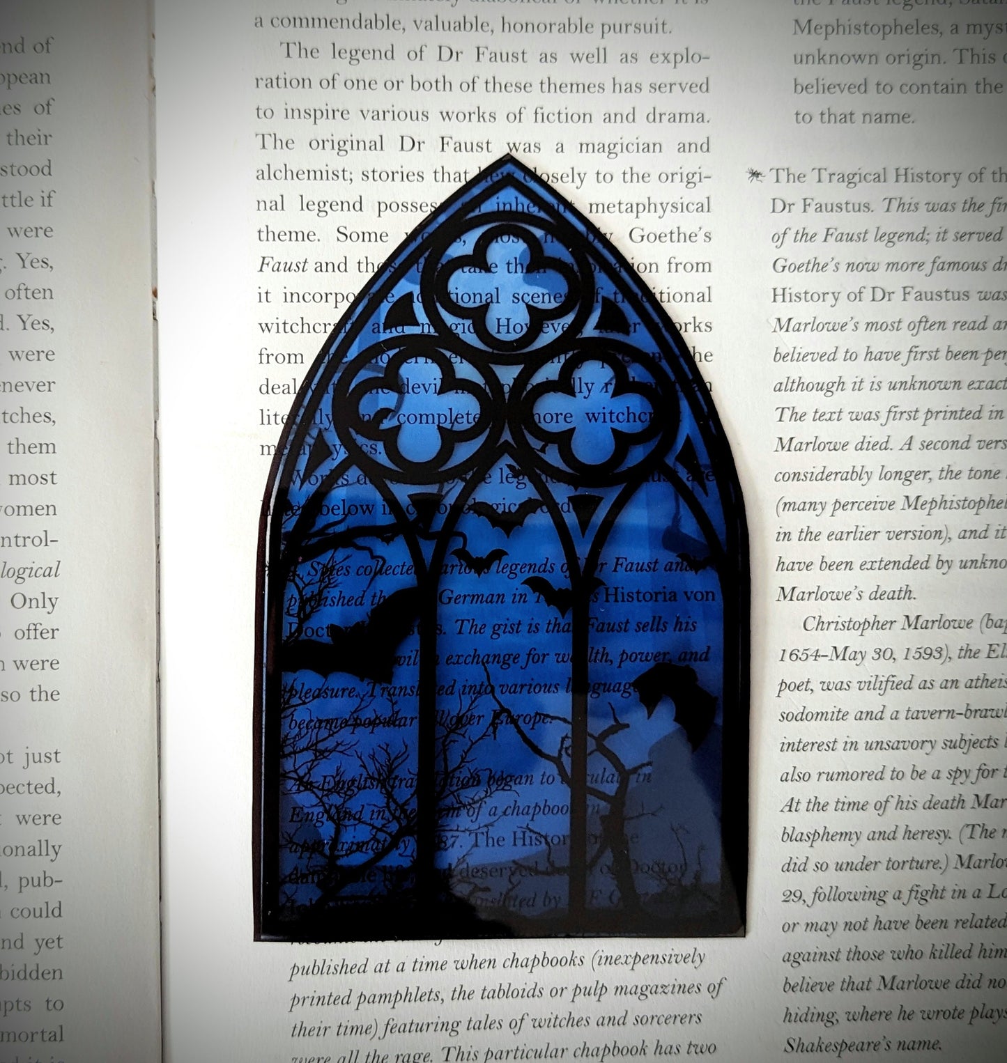 Clear Bookmark Blue Cathedral Church Window Night Scene Bats Flying Forest Eerie Goth Gothic Horror Dark Academia Book Reader Lover Gift