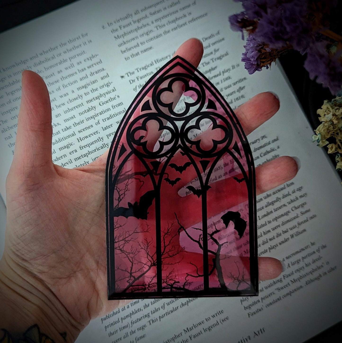 Clear Bookmark Pink Cathedral Church Window Night Scene Bats Flying Forest Eerie Goth Gothic Horror Dark Academia Book Reader Lover Gift