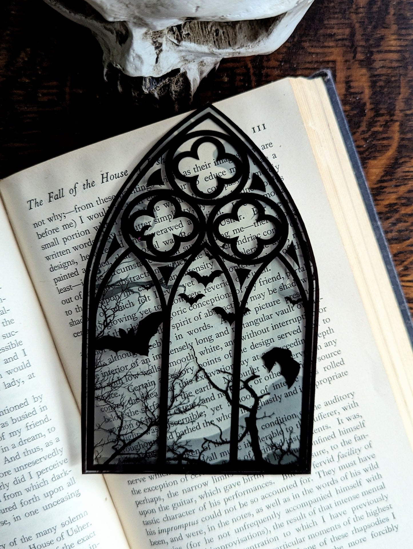 Clear Bookmark Gray Cathedral Church Window Night Scene Bats Flying Forest Eerie Goth Gothic Horror Dark Academia Book Reader Lover Gift