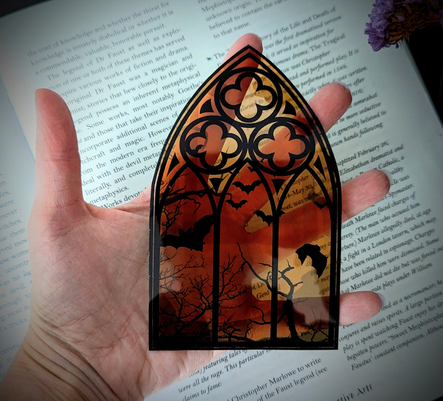 Clear Bookmark Orange Cathedral Church Window Night Scene Bats Flying Forest Eerie Goth Gothic Horror Dark Academia Book Reader Lover Gift