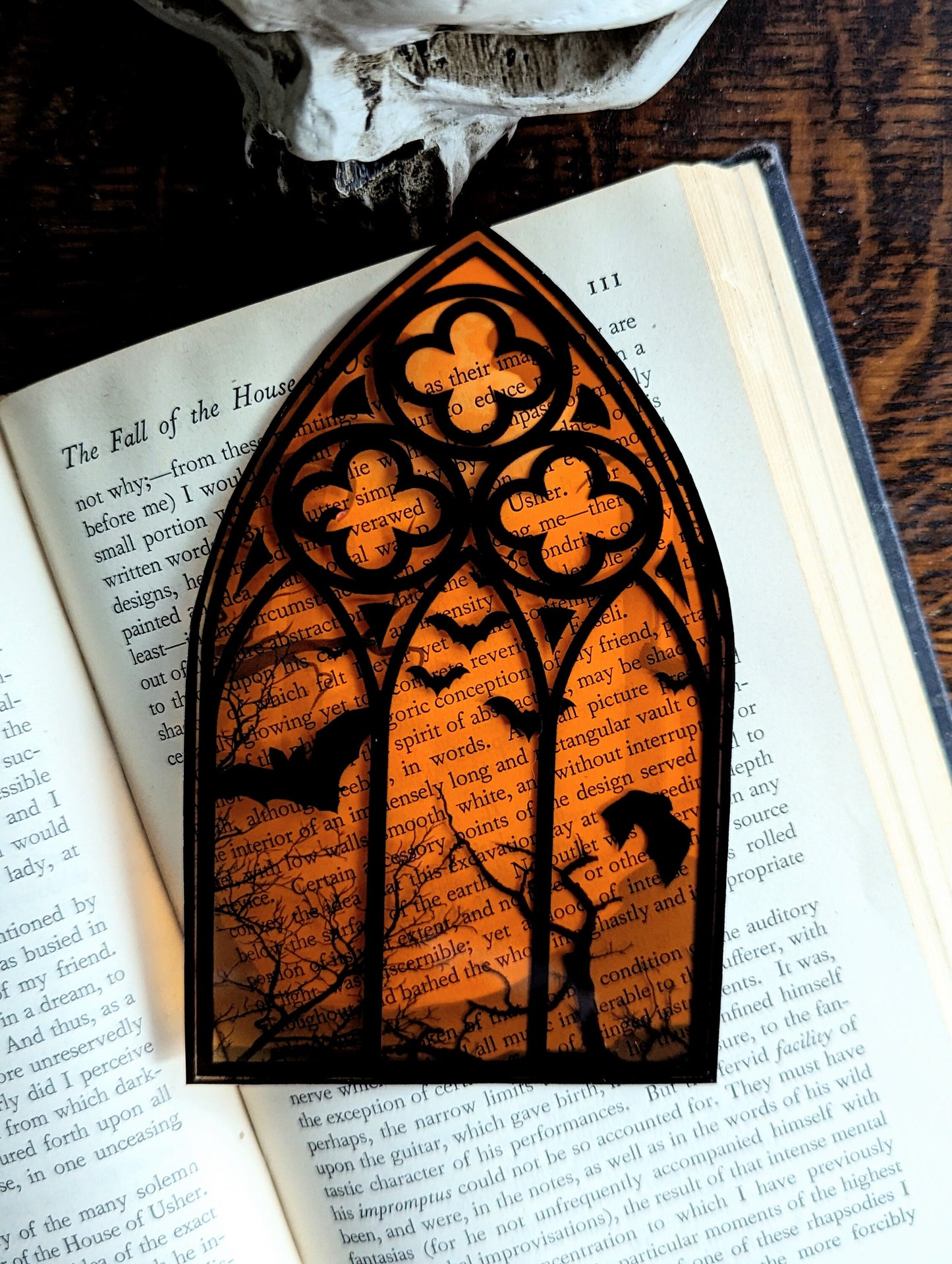 Clear Bookmark Orange Cathedral Church Window Night Scene Bats Flying Forest Eerie Goth Gothic Horror Dark Academia Book Reader Lover Gift