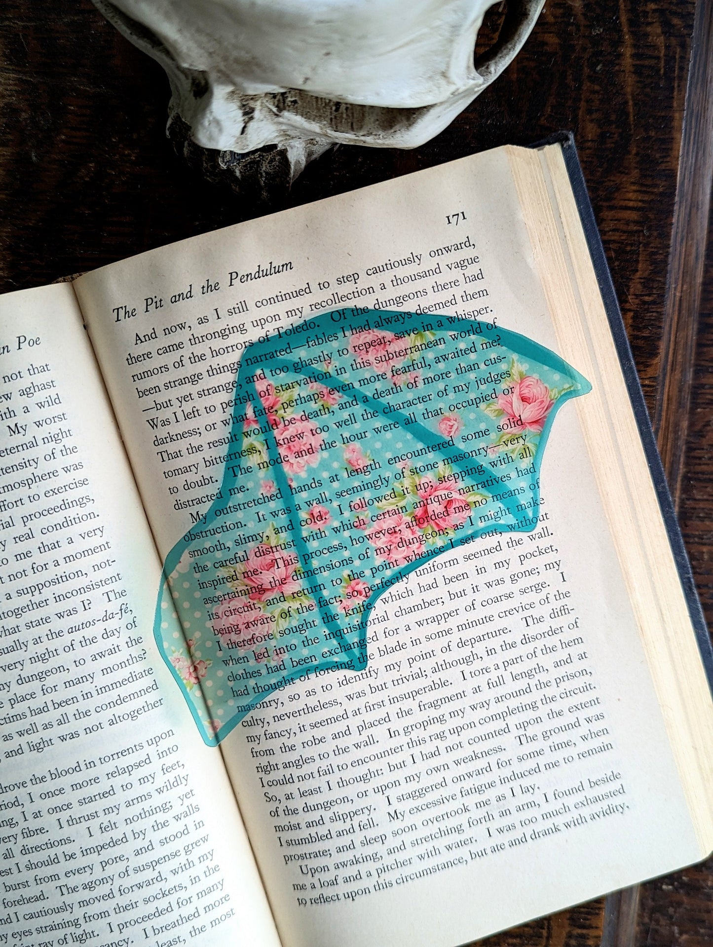 Clear Bookmark Vintage Retro Aqua Blue Polka Dot Floral Bat Dragon Wing Goth Gothic Dark Academia Book Lover Reader Gift Handmade Artist