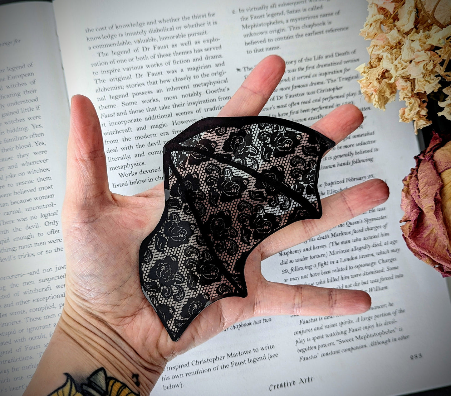 Clear Bookmark Black Lace Bat Dragon Wing Goth Gothic Dark Academia Book Lover Reader Gift Handmade Artist
