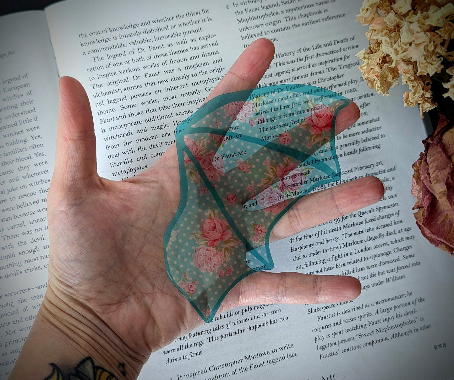 Clear Bookmark Vintage Retro Aqua Blue Polka Dot Floral Bat Dragon Wing Goth Gothic Dark Academia Book Lover Reader Gift Handmade Artist