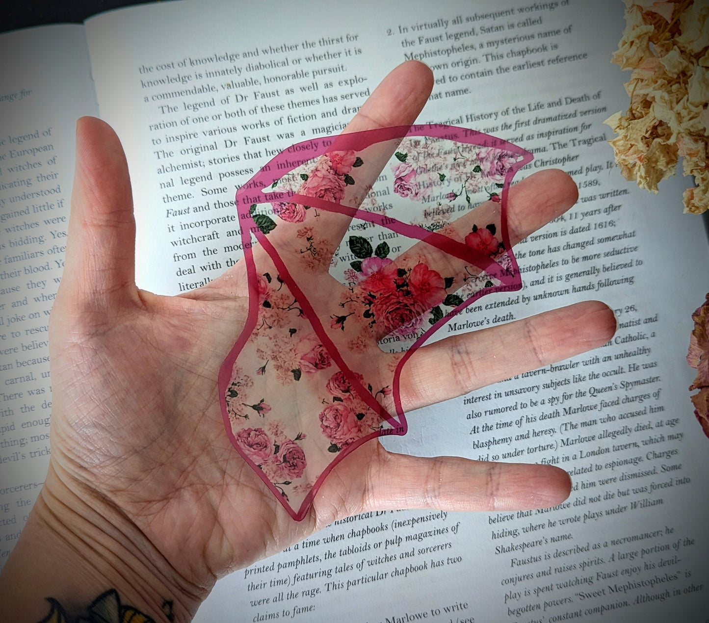 Clear Bookmark Vintage Retro Pink Floral Bat Dragon Wing Goth Gothic Dark Academia Book Lover Reader Gift Handmade Artist