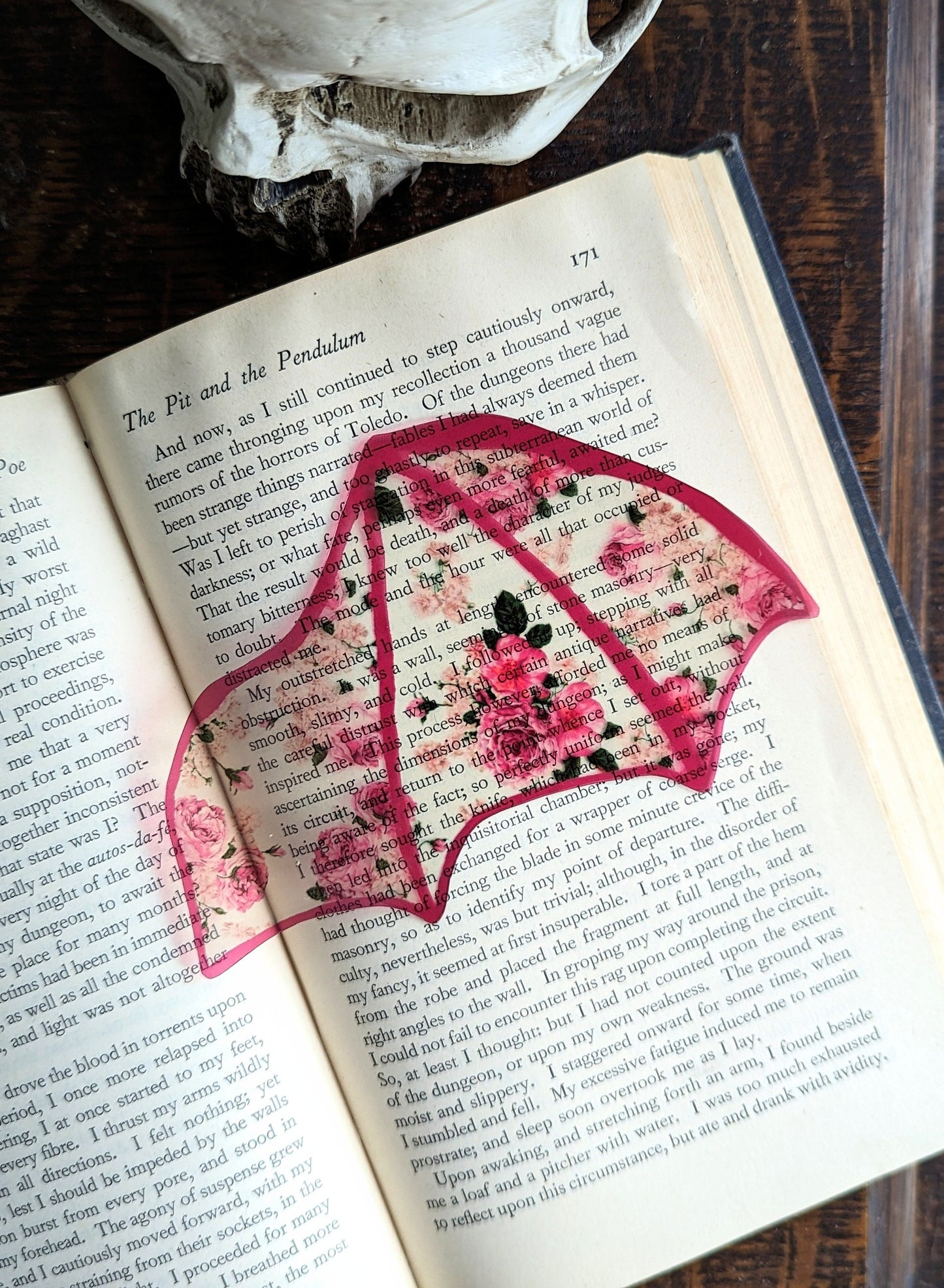 Clear Bookmark Vintage Retro Pink Floral Bat Dragon Wing Goth Gothic Dark Academia Book Lover Reader Gift Handmade Artist