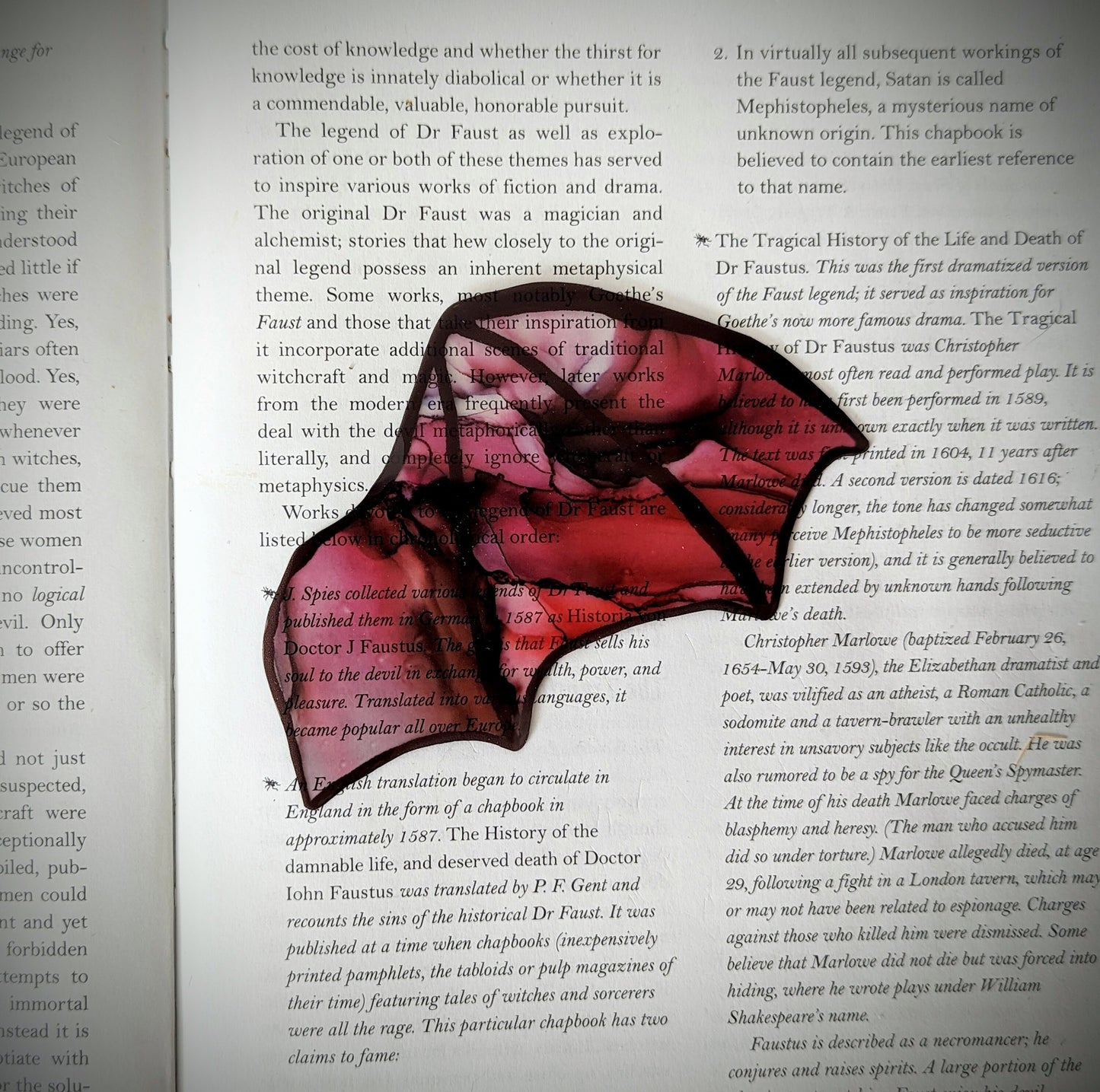 Clear Bookmark Red Pink Alcohol Ink Bat Dragon Wing Goth Gothic Dark Academia Book Lover Reader Gift Handmade Artist