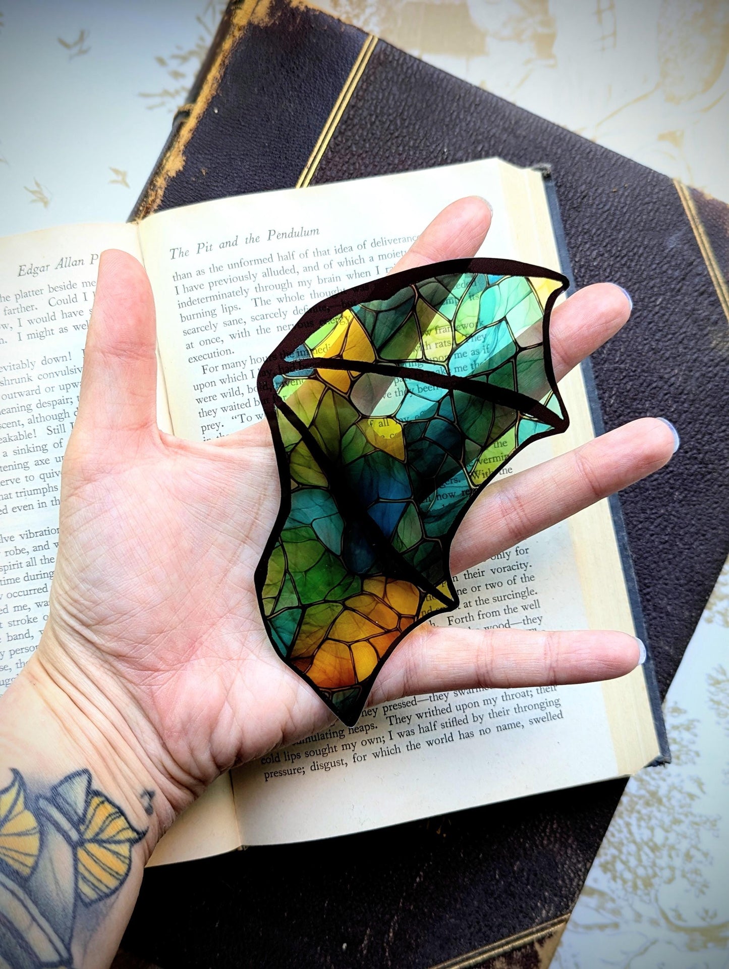 Clear Bookmark Stained Glass Blue Green Yellow Bat Dragon Wing Goth Gothic Dark Academia Book Club Lover Reader Gift Handmade Artist