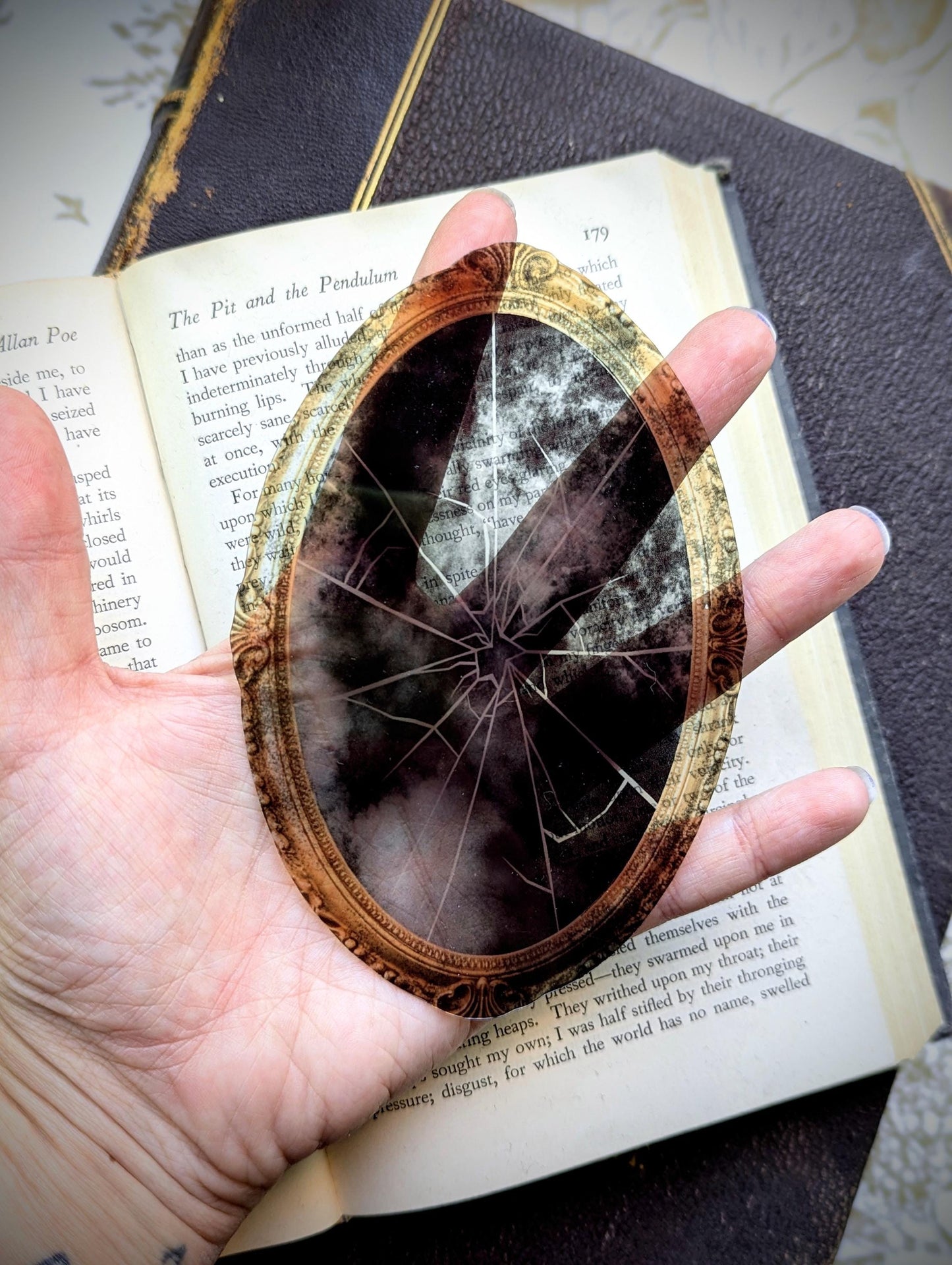 Clear Bookmark Broken Shattered Glass Mirror Grunge Clouds Victorian Gothic Horror Dark Academia Handmade Artist Book Club Reader Lover Gift