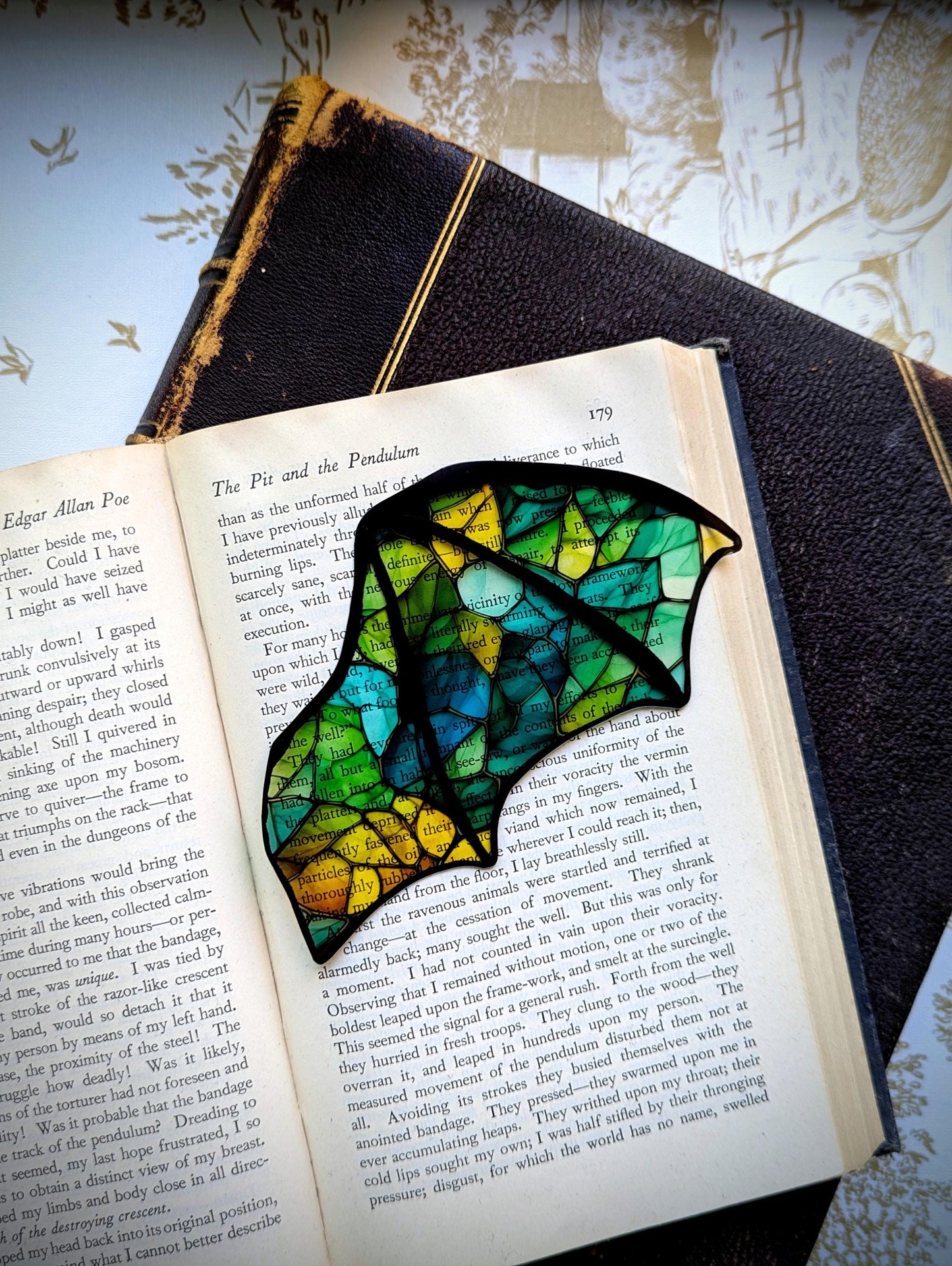 Clear Bookmark Stained Glass Blue Green Yellow Bat Dragon Wing Goth Gothic Dark Academia Book Club Lover Reader Gift Handmade Artist
