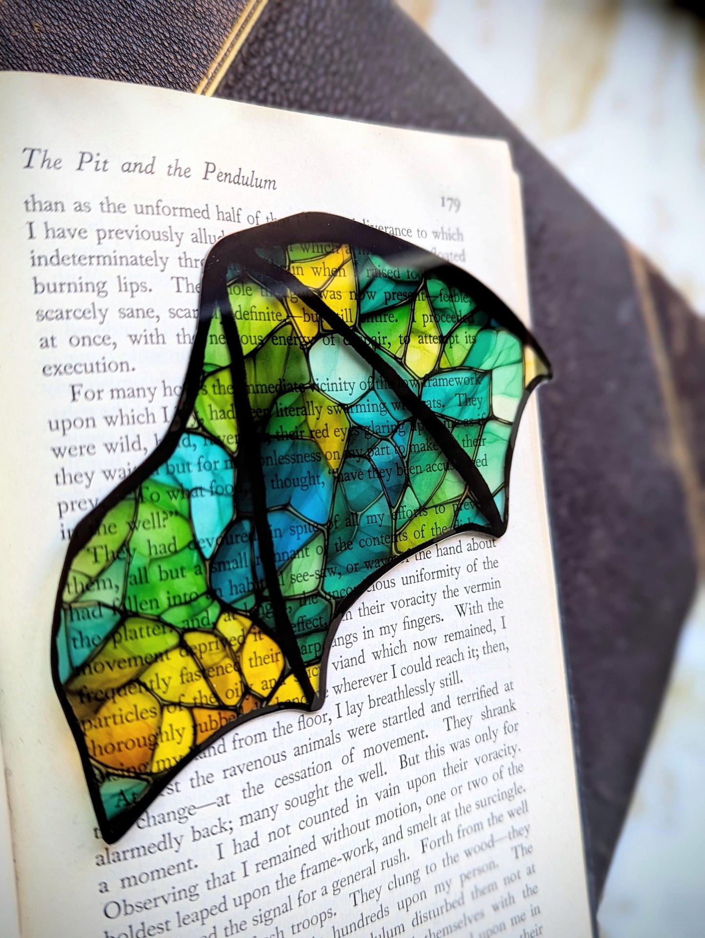 Clear Bookmark Stained Glass Blue Green Yellow Bat Dragon Wing Goth Gothic Dark Academia Book Club Lover Reader Gift Handmade Artist