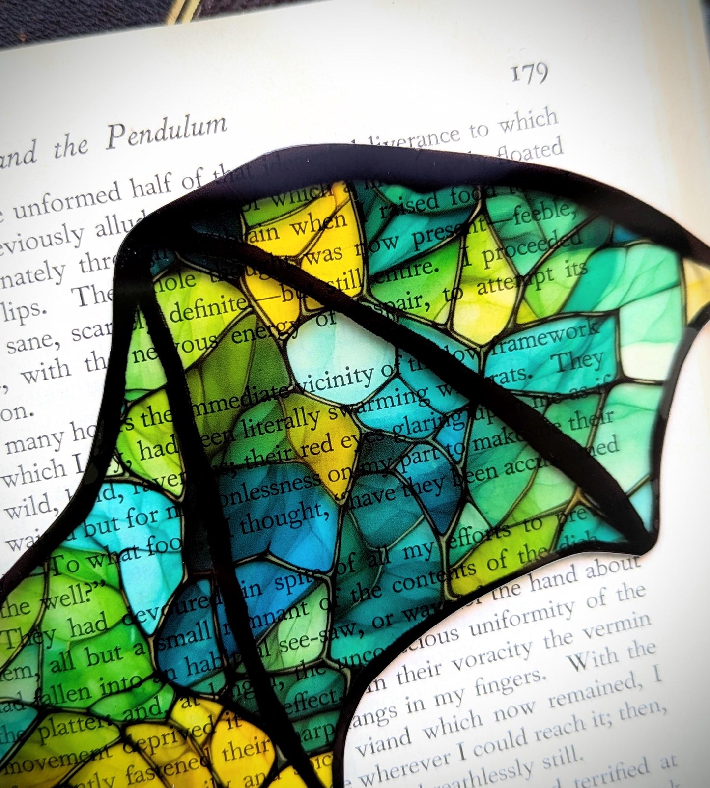Clear Bookmark Stained Glass Blue Green Yellow Bat Dragon Wing Goth Gothic Dark Academia Book Club Lover Reader Gift Handmade Artist