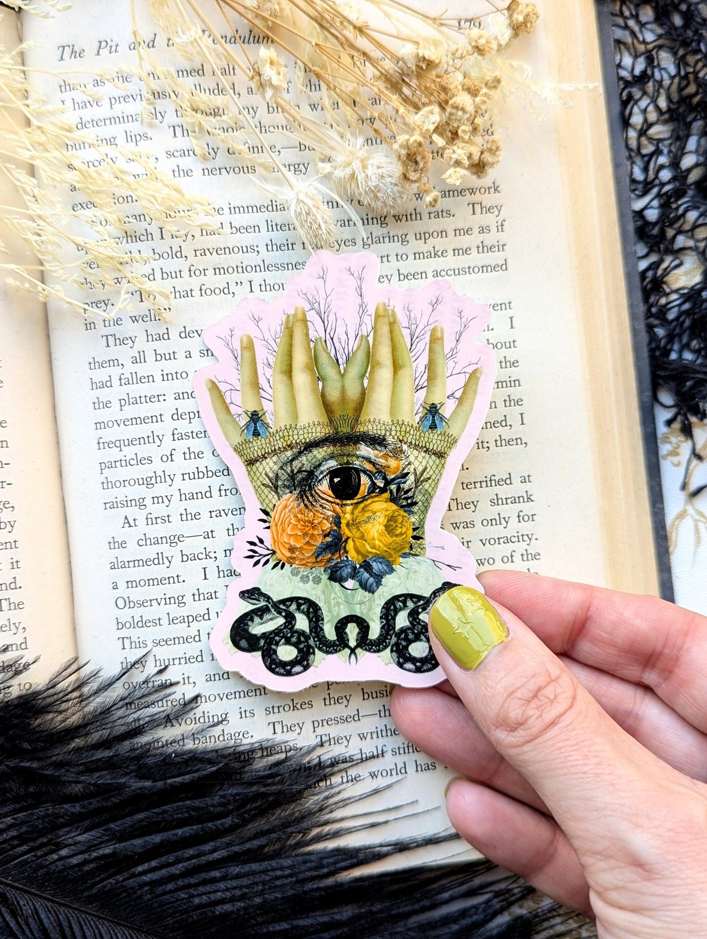 Vinyl Waterproof Sticker Surreal Collage Hands Flowers Eye Insects Snakes Victorian Vintage Handmade Artist Gift