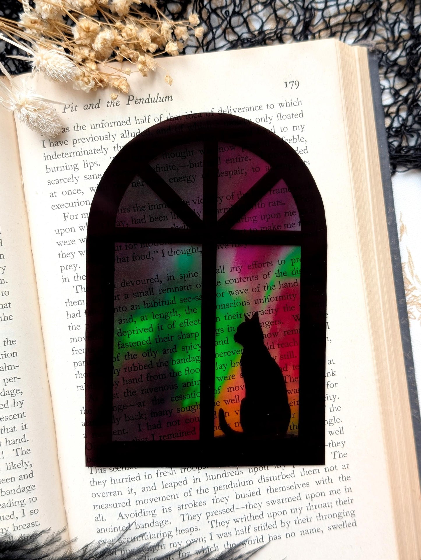 Clear Bookmark Cat Feline Silhouette Window Frame Northern Lights Aurora Borealis Handmade Artist Book Lover Reader Gift
