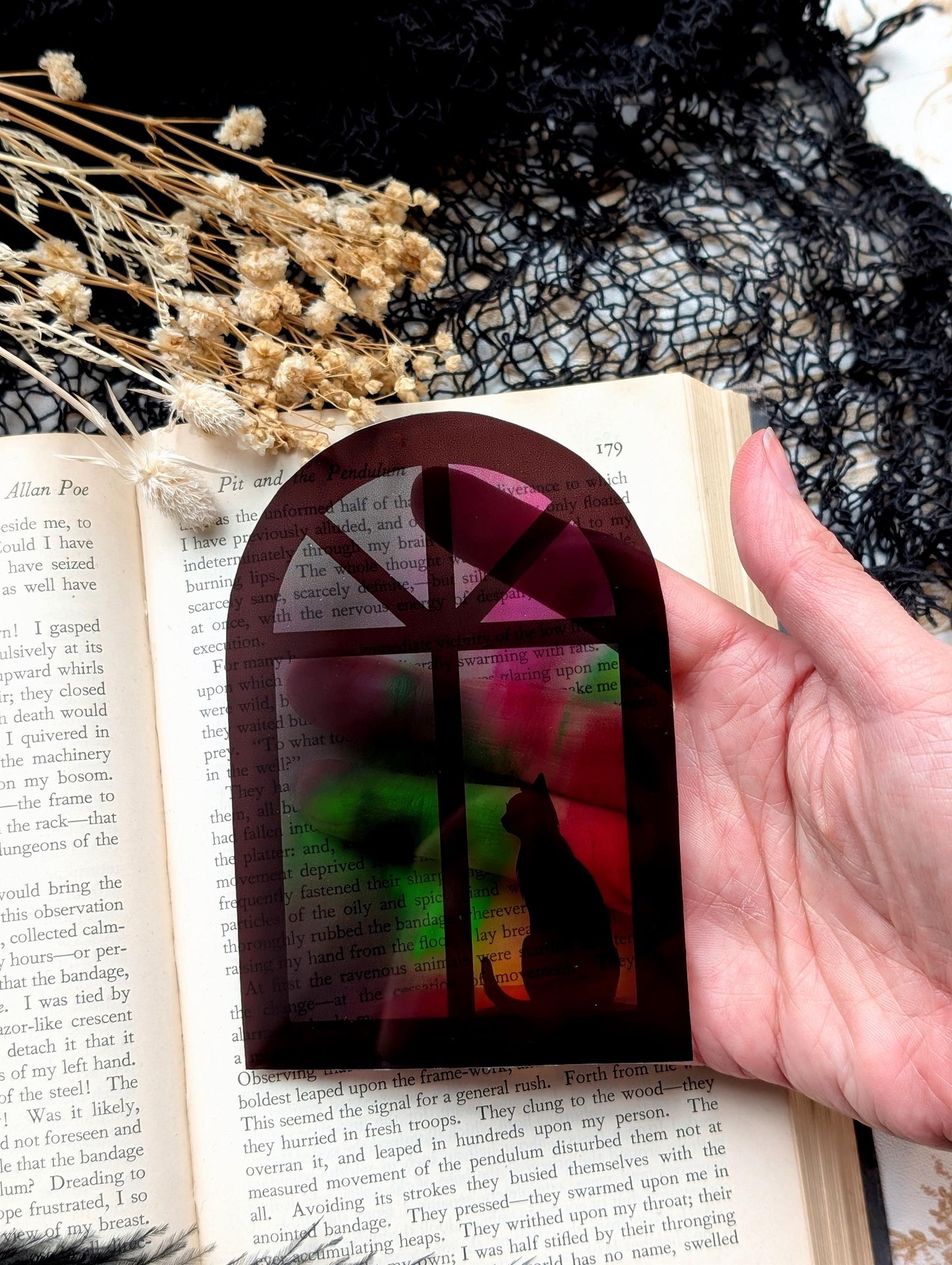 Clear Bookmark Cat Feline Silhouette Window Frame Northern Lights Aurora Borealis Handmade Artist Book Lover Reader Gift