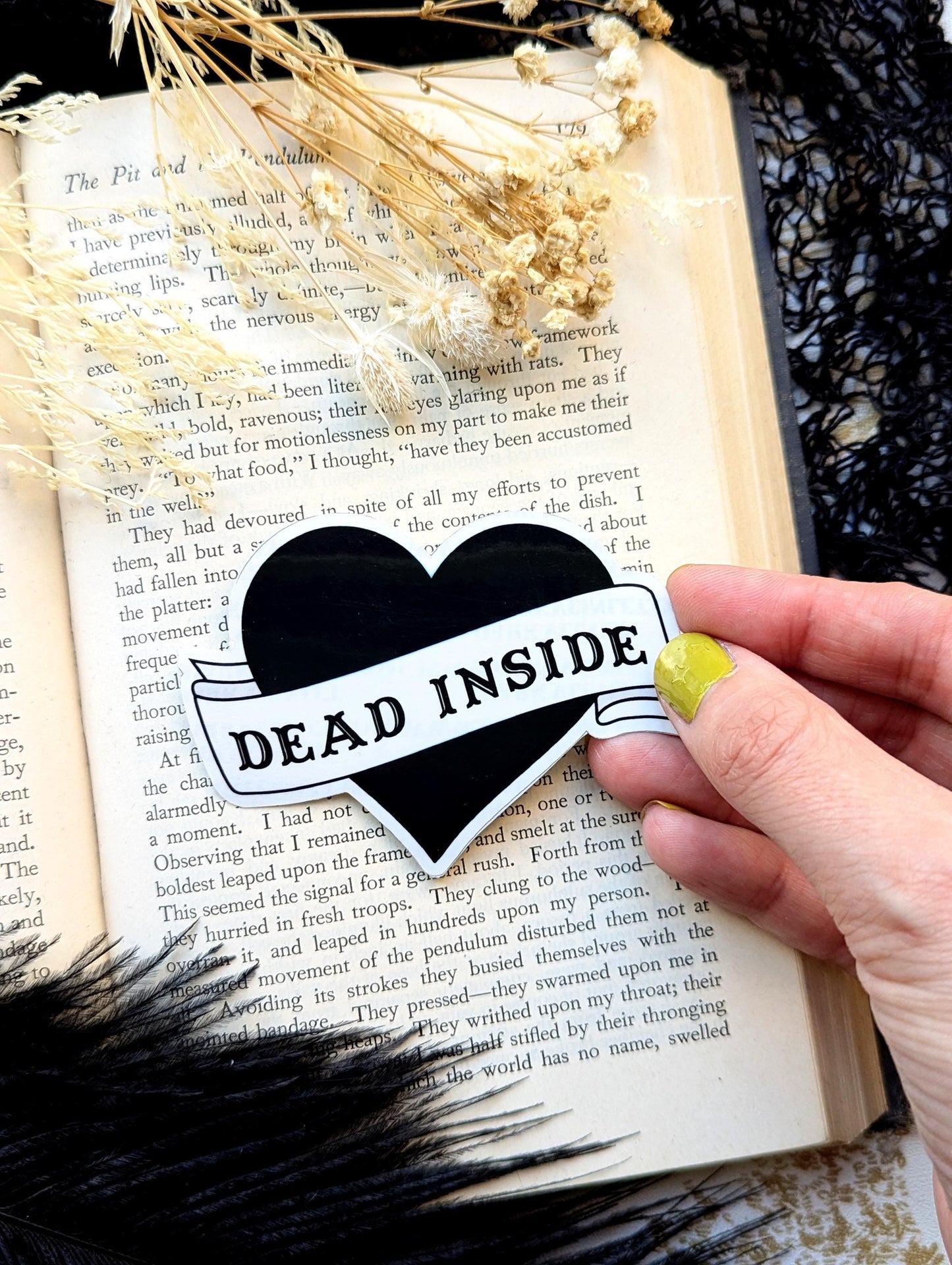 Vinyl Waterproof Sticker Dead Inside Sassy Snarky Funny Weird Odd Heart Banner Tattoo Style Water Bottle Hydro Flask Laptop