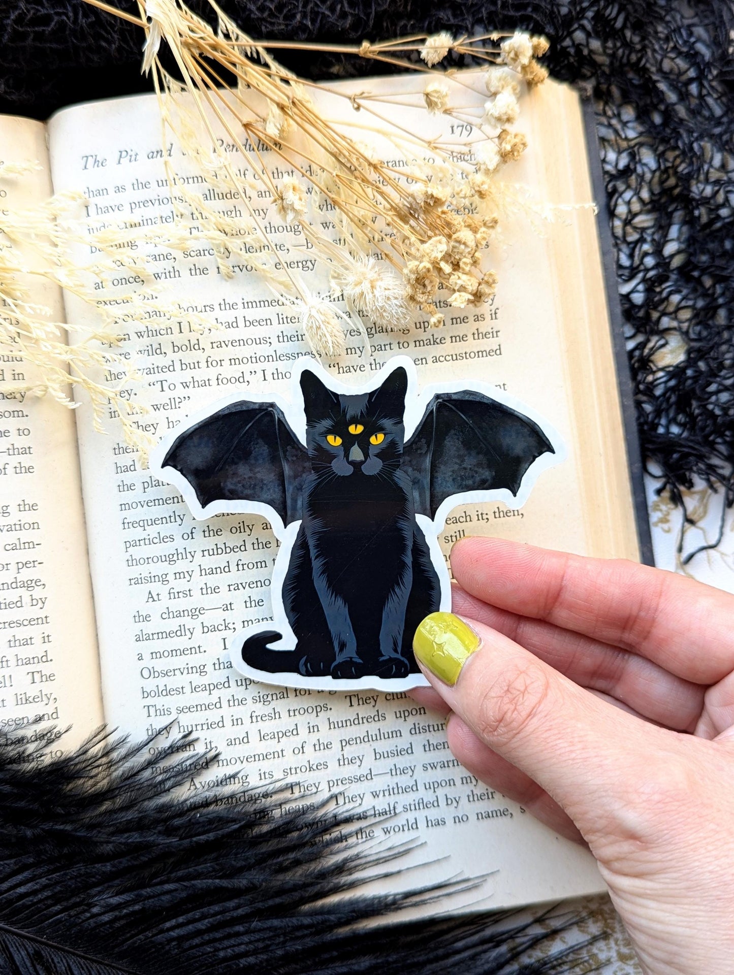Vinyl Waterproof Sticker Black Cat Bat Dragon Wings Gothic Goth Horror Victorian Handmade Artist Gift