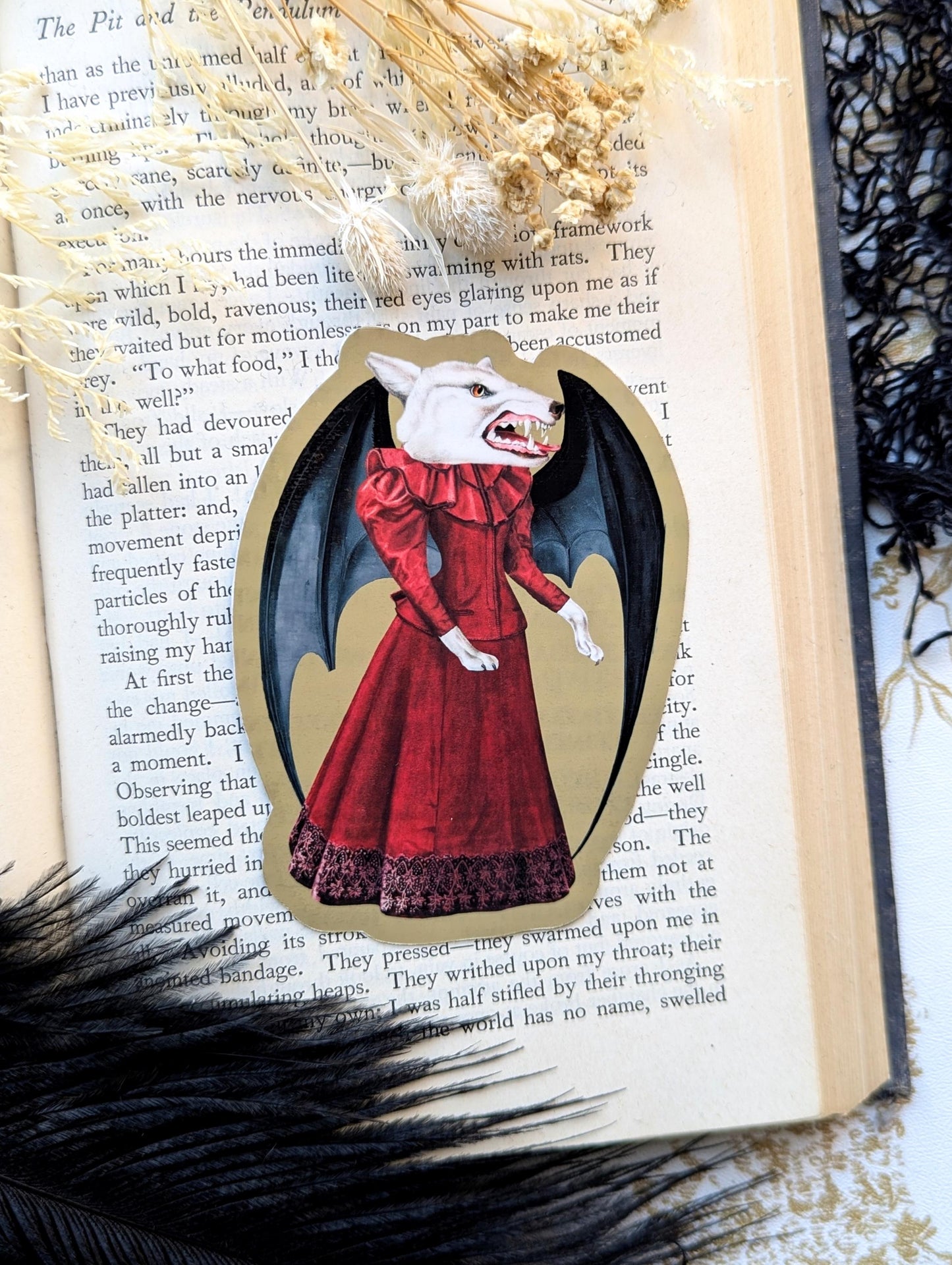 Vinyl Waterproof Sticker White Wolf Bat Dragon Wings Gothic Goth Horror Victorian Handmade Artist Gift