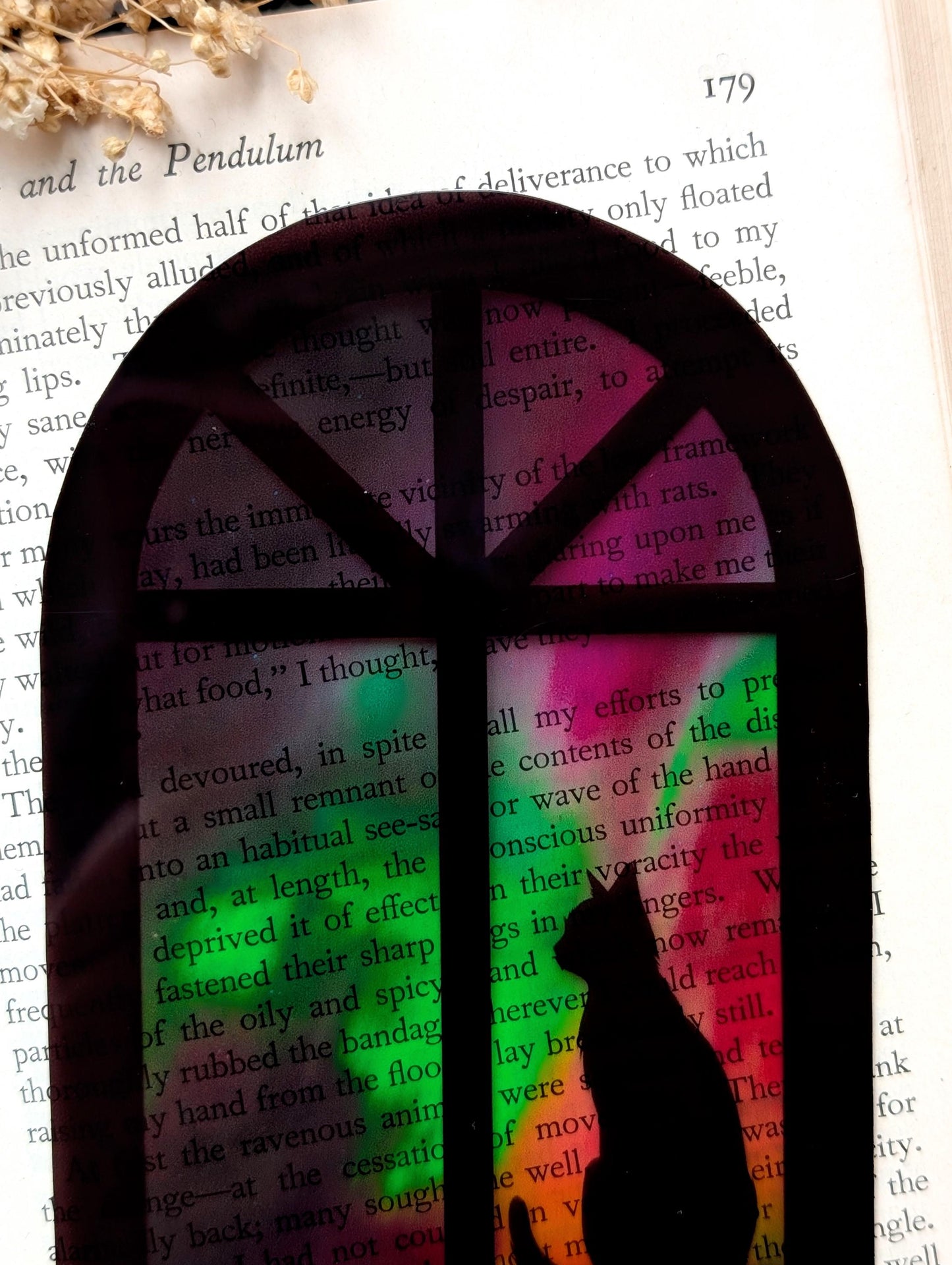 Clear Bookmark Cat Feline Silhouette Window Frame Northern Lights Aurora Borealis Handmade Artist Book Lover Reader Gift
