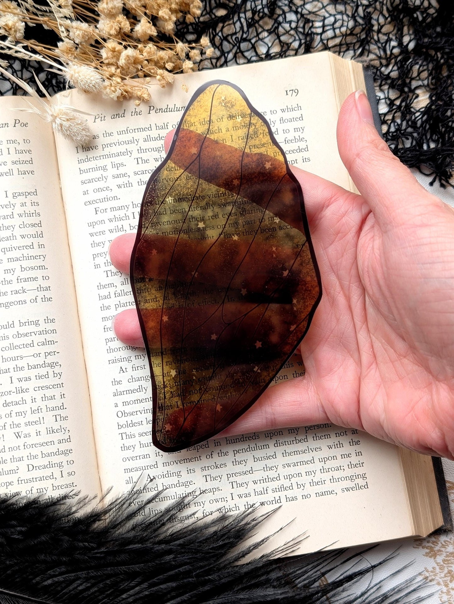 Clear Bookmark Fairy Faerie Pixie Wing Black Outline Gold Stars Pretty Goth Dark Academia Fairycore Fantasy Sci-Fi Book Reader Lover Gift