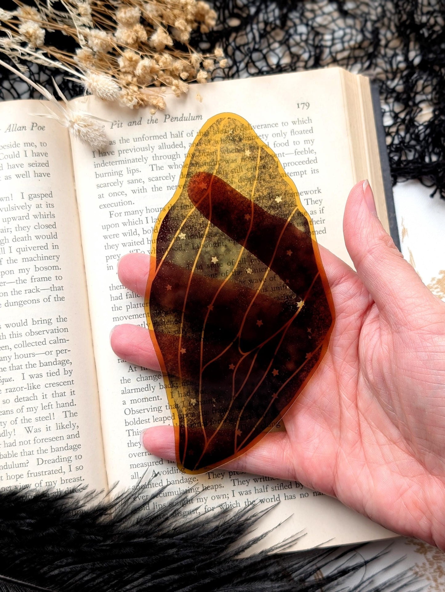 Clear Bookmark Fairy Faerie Pixie Wing Black Gold Outline Stars Pretty Goth Dark Academia Fairycore Fantasy Sci-Fi Book Reader Lover Gift