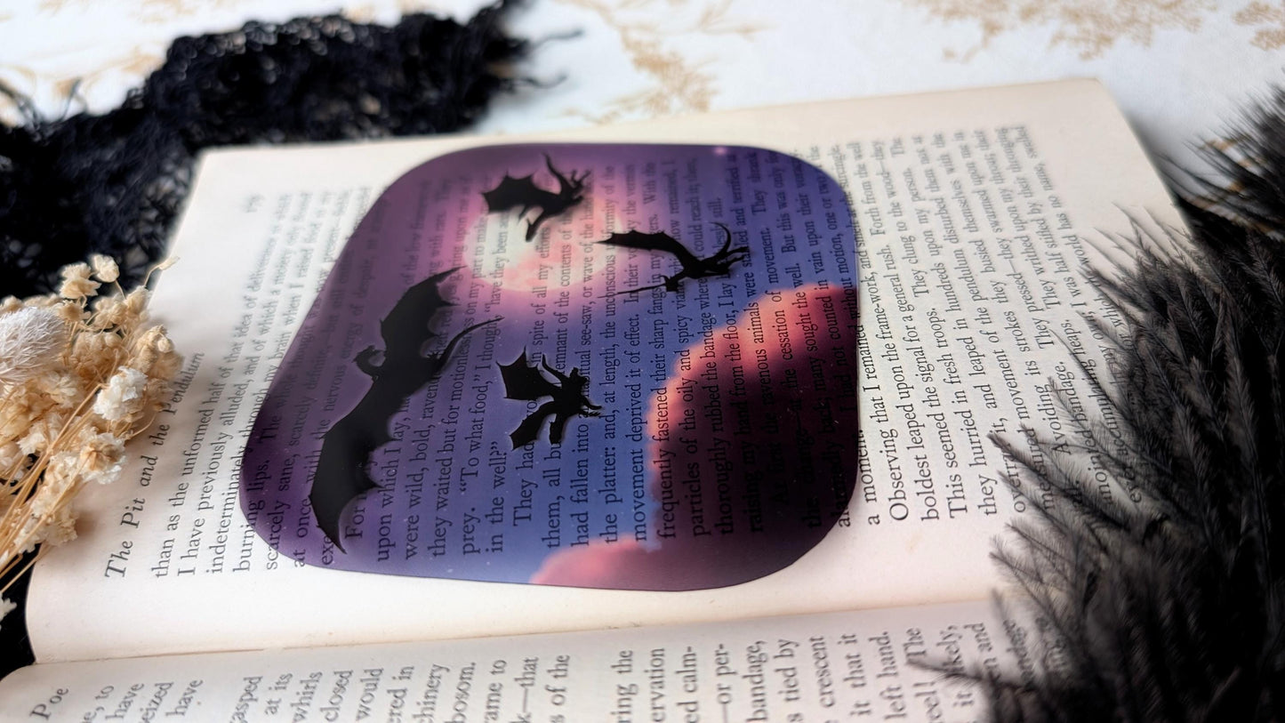 Clear Bookmark Dragons Flying Night Sky Fantasy Sci-Fi Handmade Artist Book Lover Reader Gift