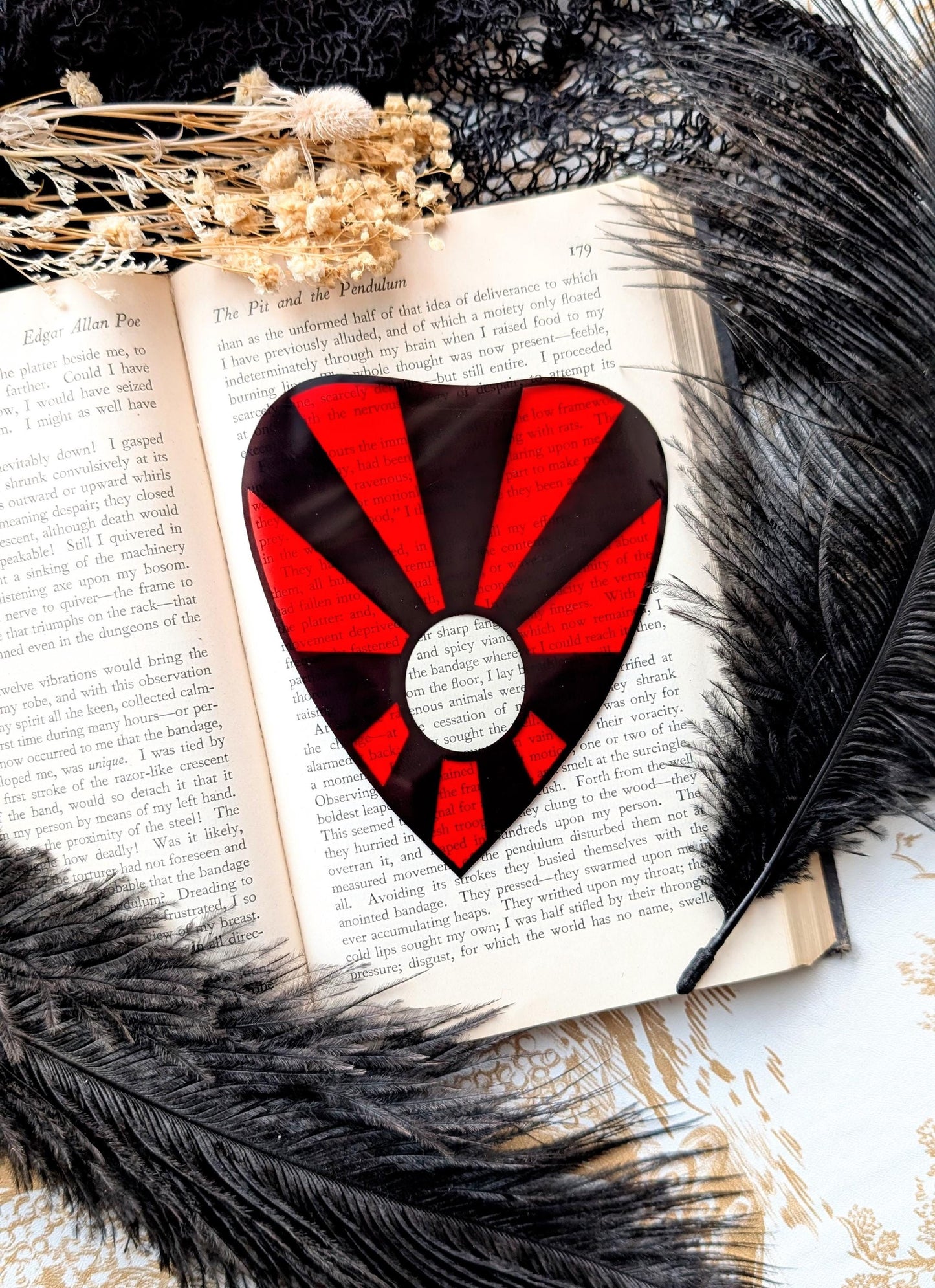 Clear Bookmark Planchette Red Black Lines Stripes Ouija Witch Witchcraft Occult Goth Gothic Horror Handmade Artist Book Reader Lover Gift