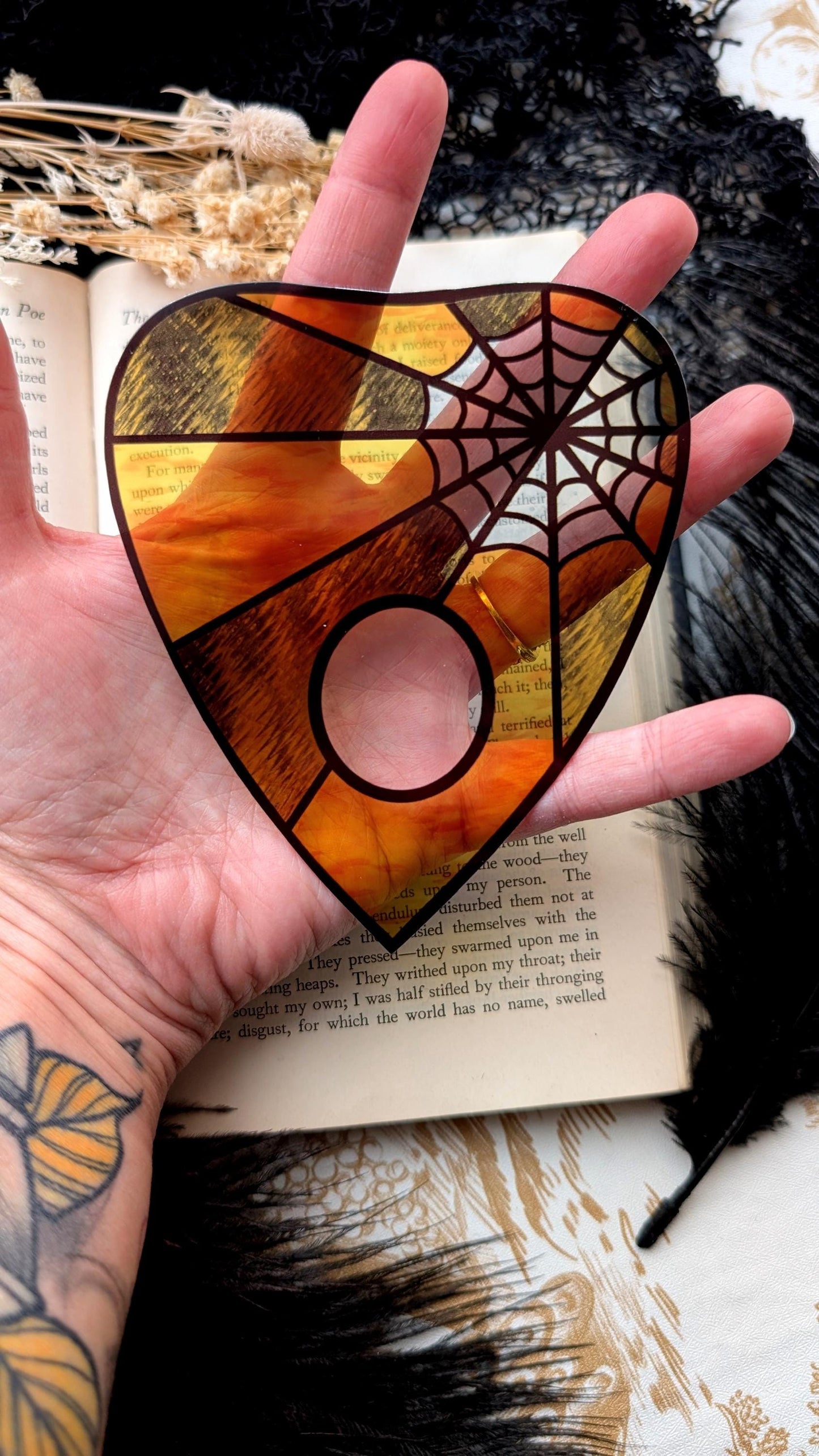 Clear Bookmark Planchette Stained Glass Effect Amber Gold Color Spider Web Cob Web Ouija Goth Horror Handmade Artist Book Reader Lover Gift