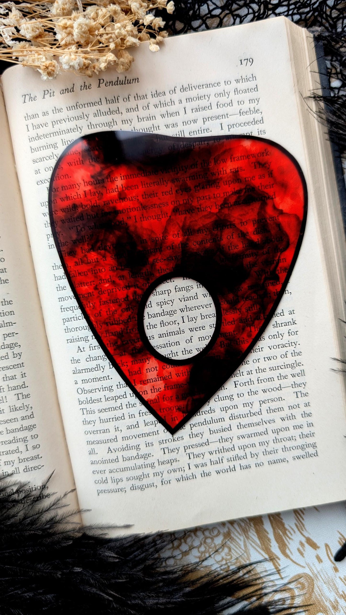 Clear Bookmark Planchette Red Alcohol Ink Effect Ouija Witch Witchcraft Occult Goth Gothic Horror Handmade Artist Book Reader Lover Gift