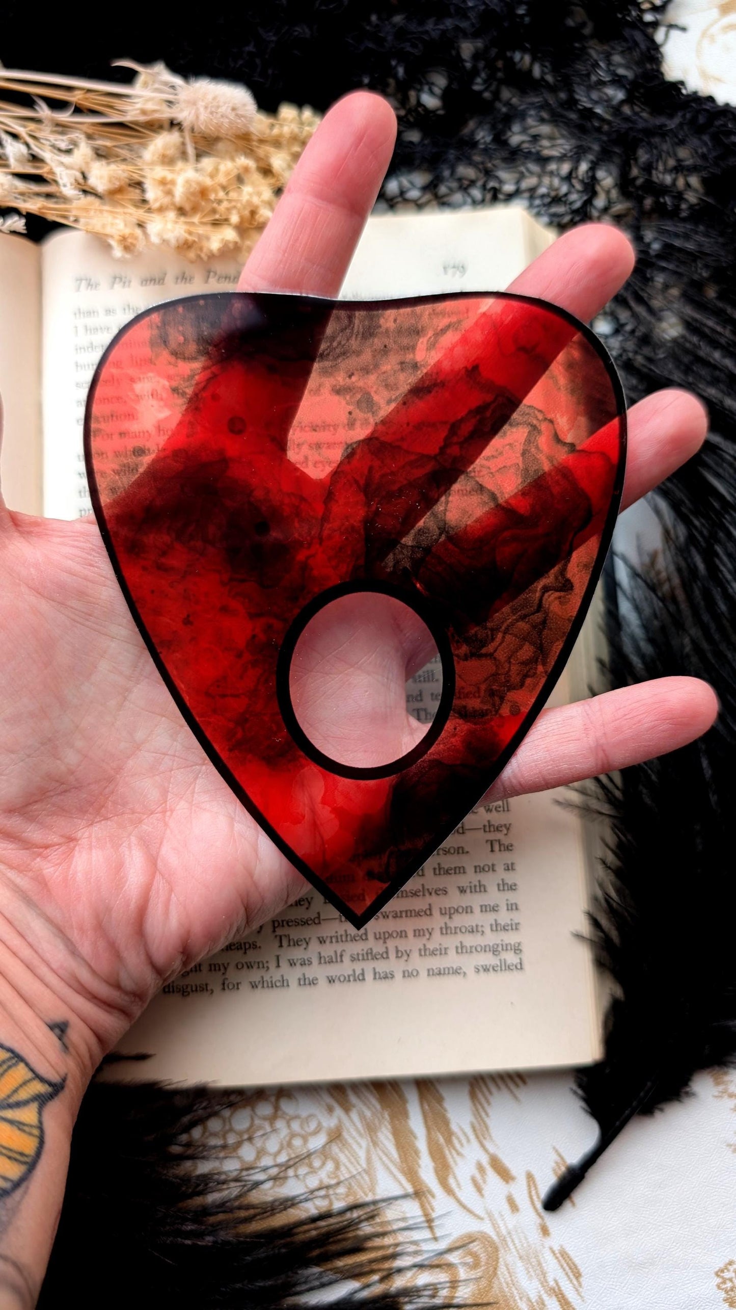 Clear Bookmark Planchette Red Alcohol Ink Effect Ouija Witch Witchcraft Occult Goth Gothic Horror Handmade Artist Book Reader Lover Gift