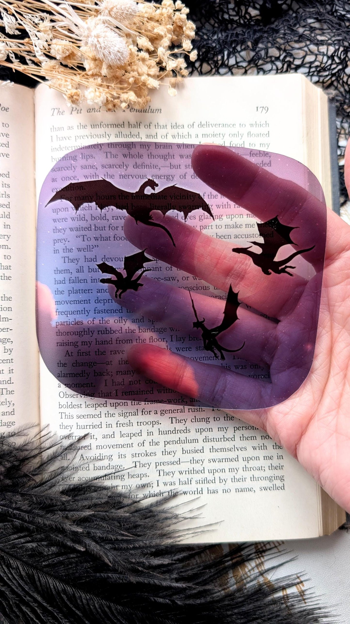 Clear Bookmark Dragons Flying Night Sky Fantasy Sci-Fi Handmade Artist Book Lover Reader Gift