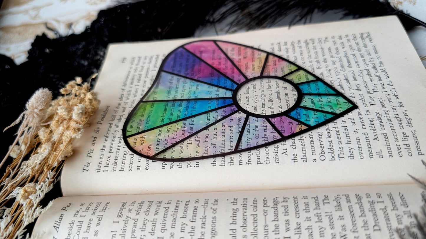 Clear Bookmark Planchette Stained Glass Effect Iridescent Colorful Ouija Witch Goth Gothic Horror Handmade Artist Book Reader Lover Gift