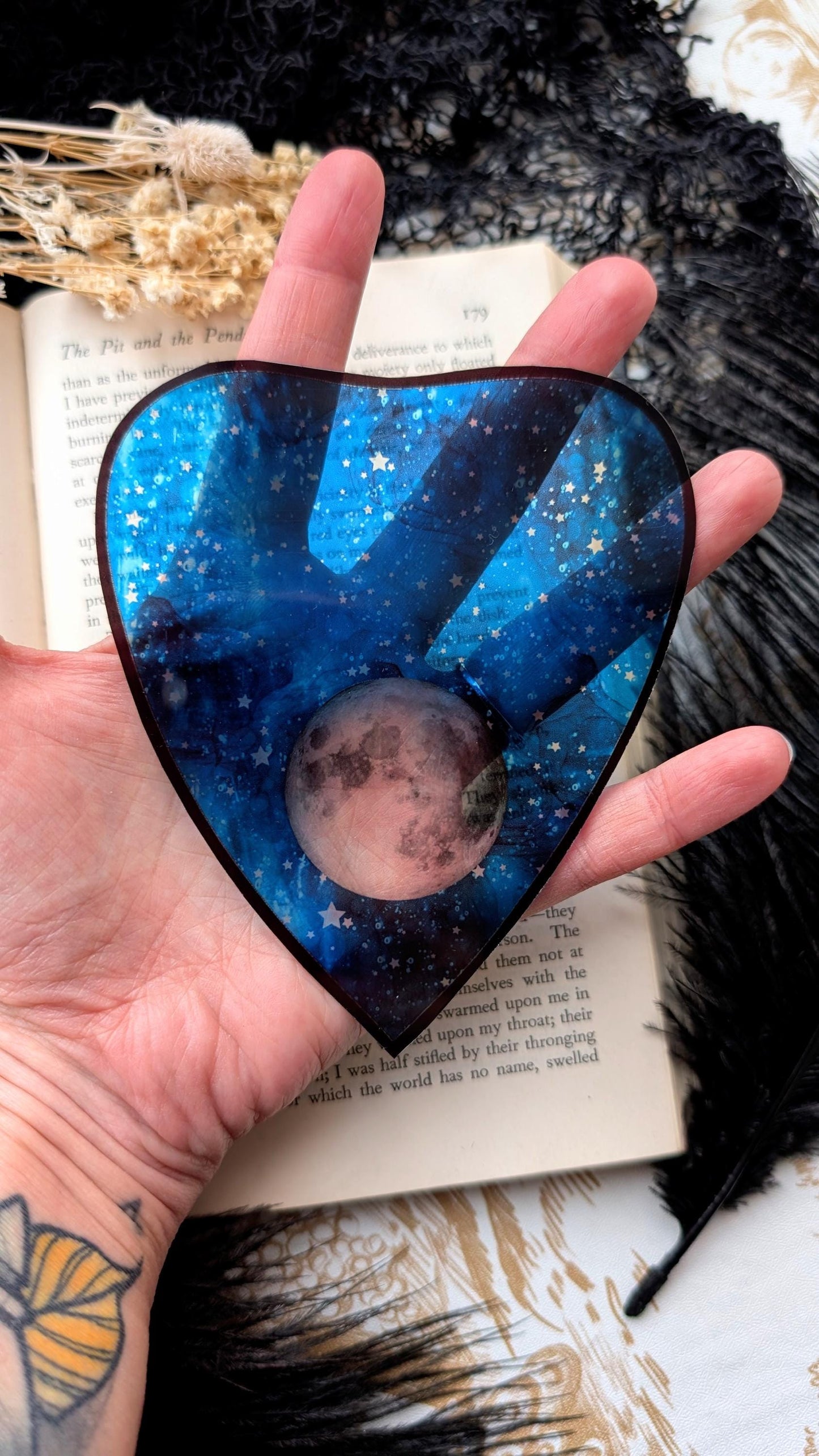 Clear Bookmark Planchette Blue Starry Night Sky Full Moon Ouija Witch Witchcraft Goth Gothic Horror Handmade Artist Book Reader Lover Gift