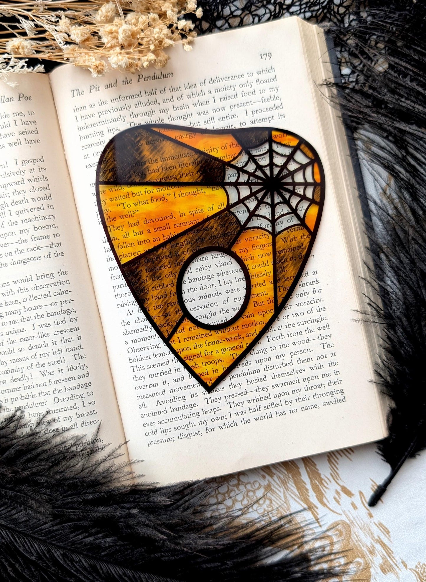 Clear Bookmark Planchette Stained Glass Effect Amber Gold Color Spider Web Cob Web Ouija Goth Horror Handmade Artist Book Reader Lover Gift