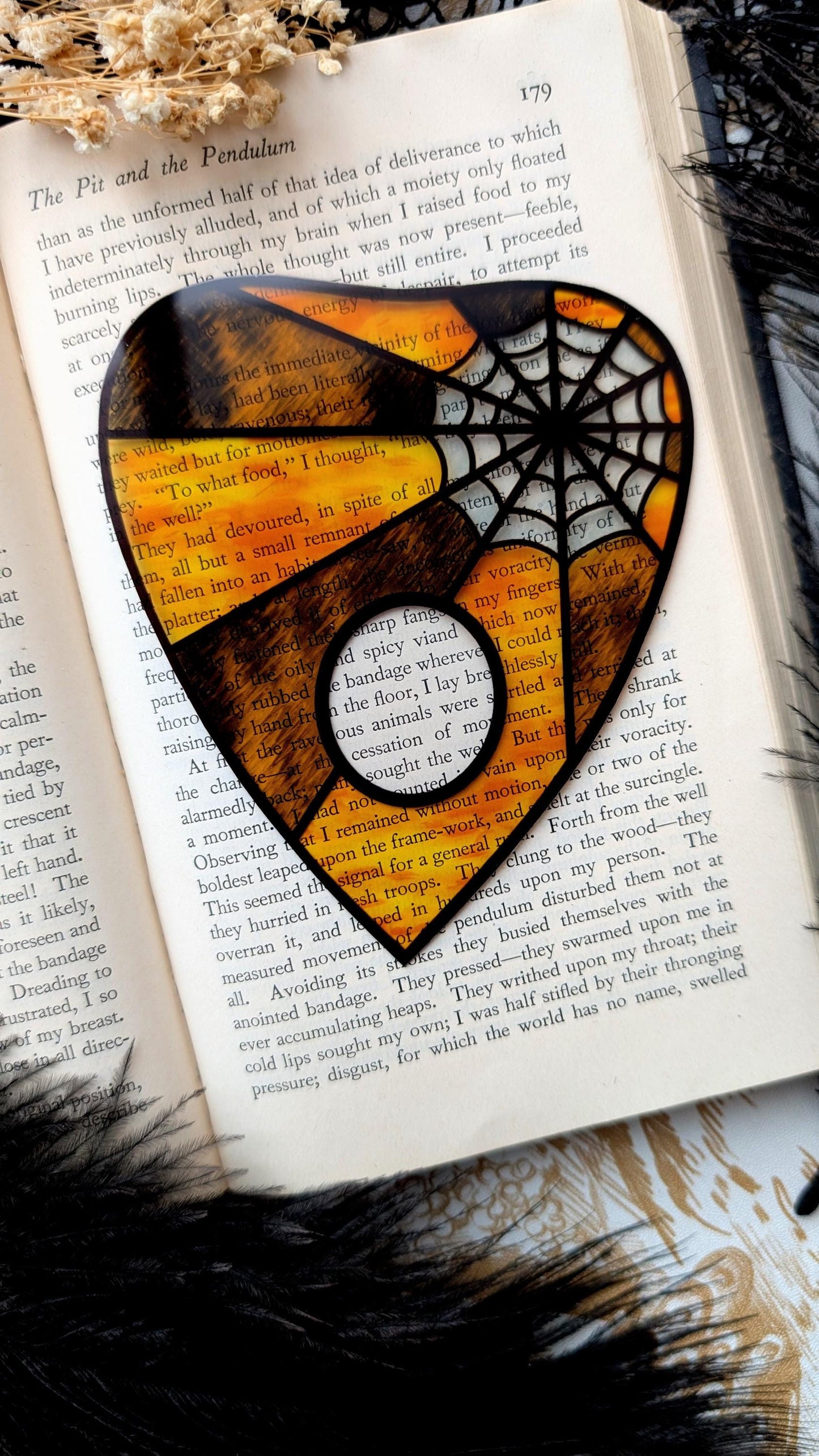 Clear Bookmark Planchette Stained Glass Effect Amber Gold Color Spider Web Cob Web Ouija Goth Horror Handmade Artist Book Reader Lover Gift