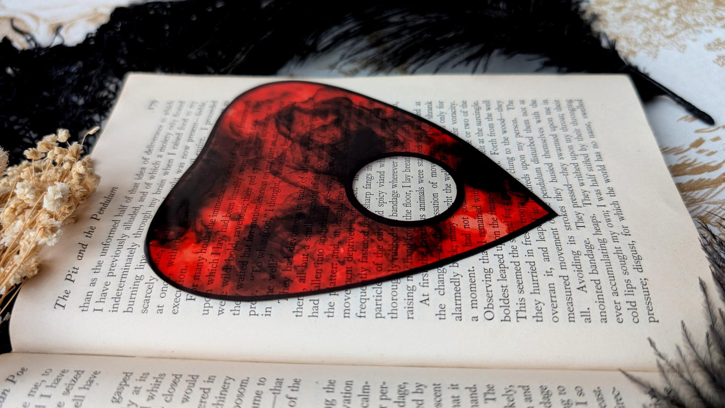 Clear Bookmark Planchette Red Alcohol Ink Effect Ouija Witch Witchcraft Occult Goth Gothic Horror Handmade Artist Book Reader Lover Gift