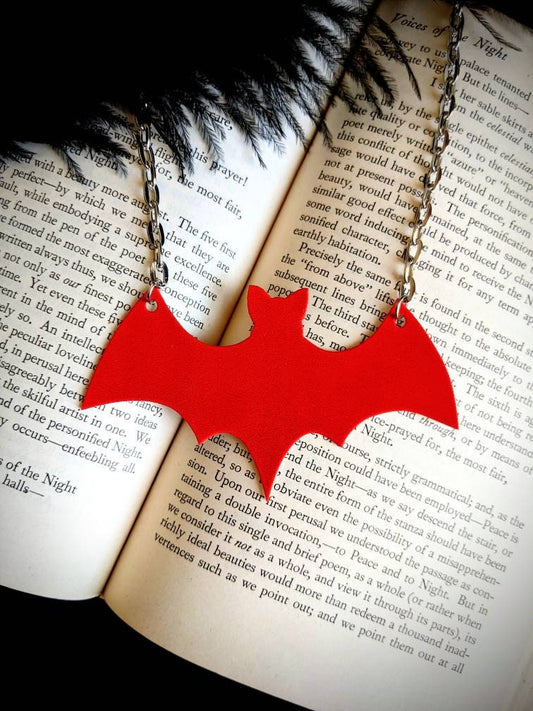 Red Bat Necklace Halloween Goth Gothic Horror Unusual Odd Thorn Hex Girls Cosplay Shrink Plastic Handmade Artist Durable Wearable Art