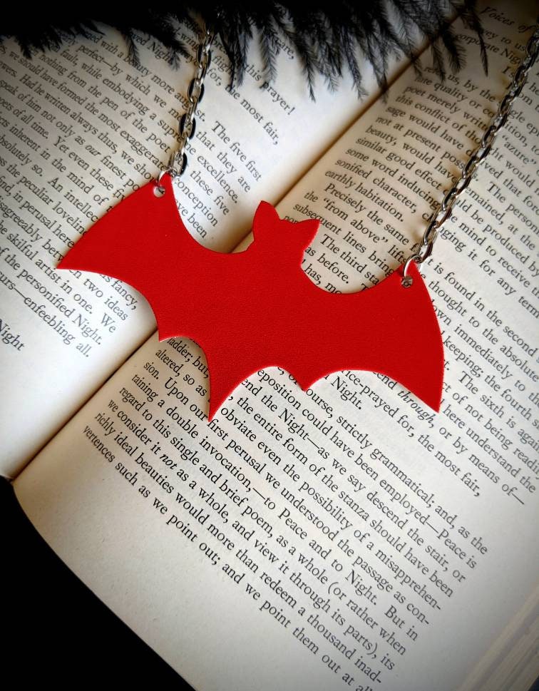 Red Bat Necklace Halloween Goth Gothic Horror Unusual Odd Thorn Hex Girls Cosplay Shrink Plastic Handmade Artist Durable Wearable Art
