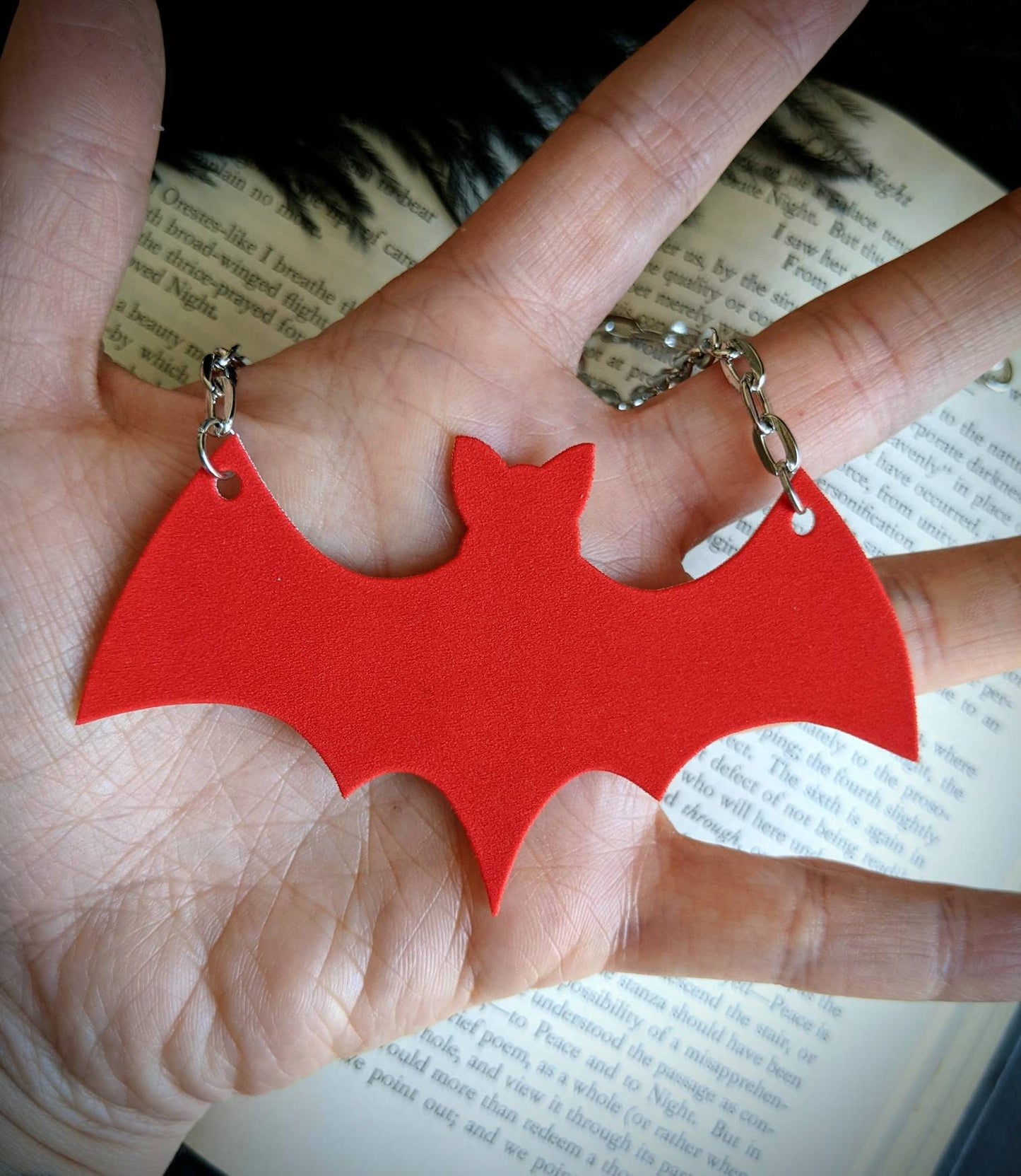 Red Bat Necklace Halloween Goth Gothic Horror Unusual Odd Thorn Hex Girls Cosplay Shrink Plastic Handmade Artist Durable Wearable Art